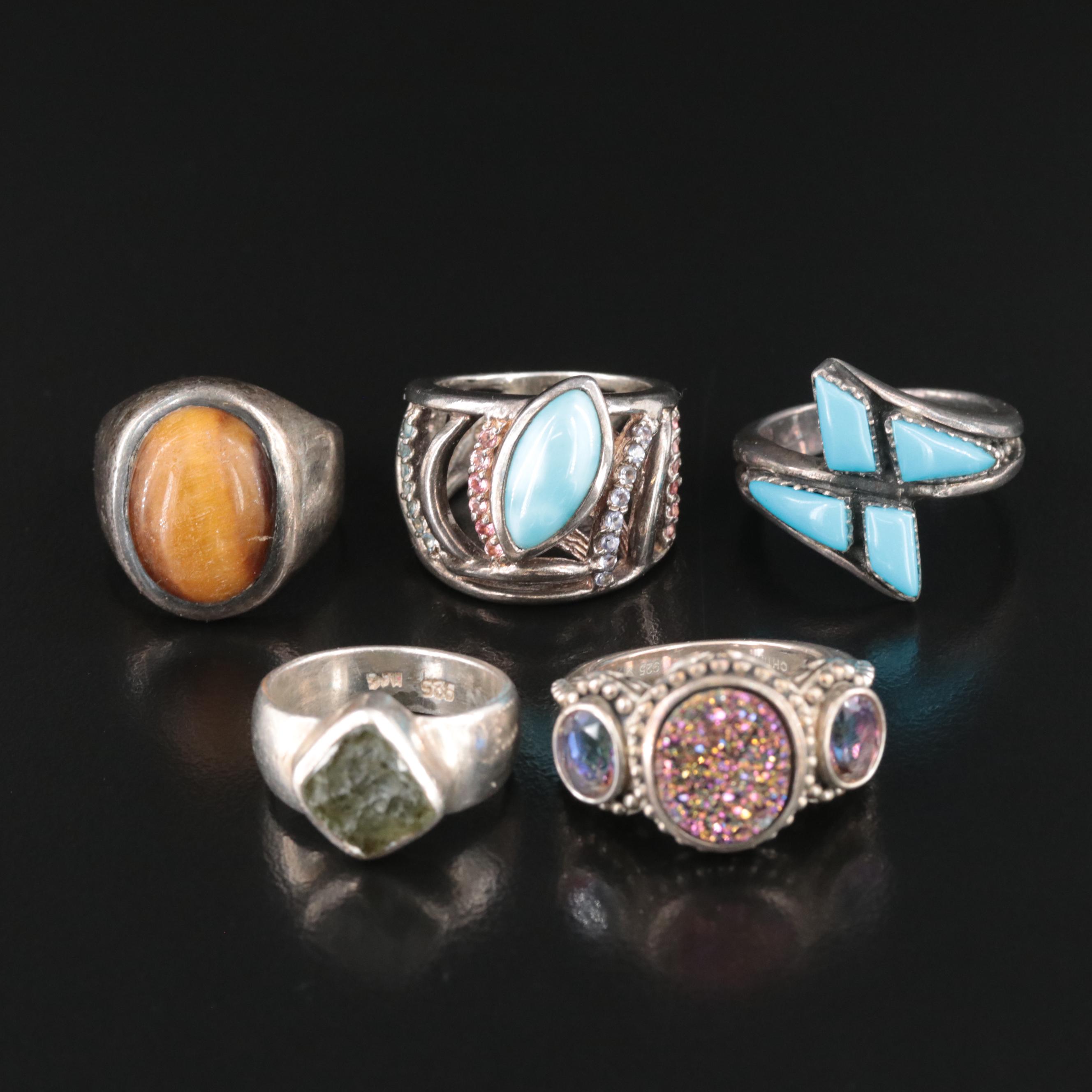 Sterling Ring Selection Featuring Druzy, Tiger's Eye and Mystic Quartz