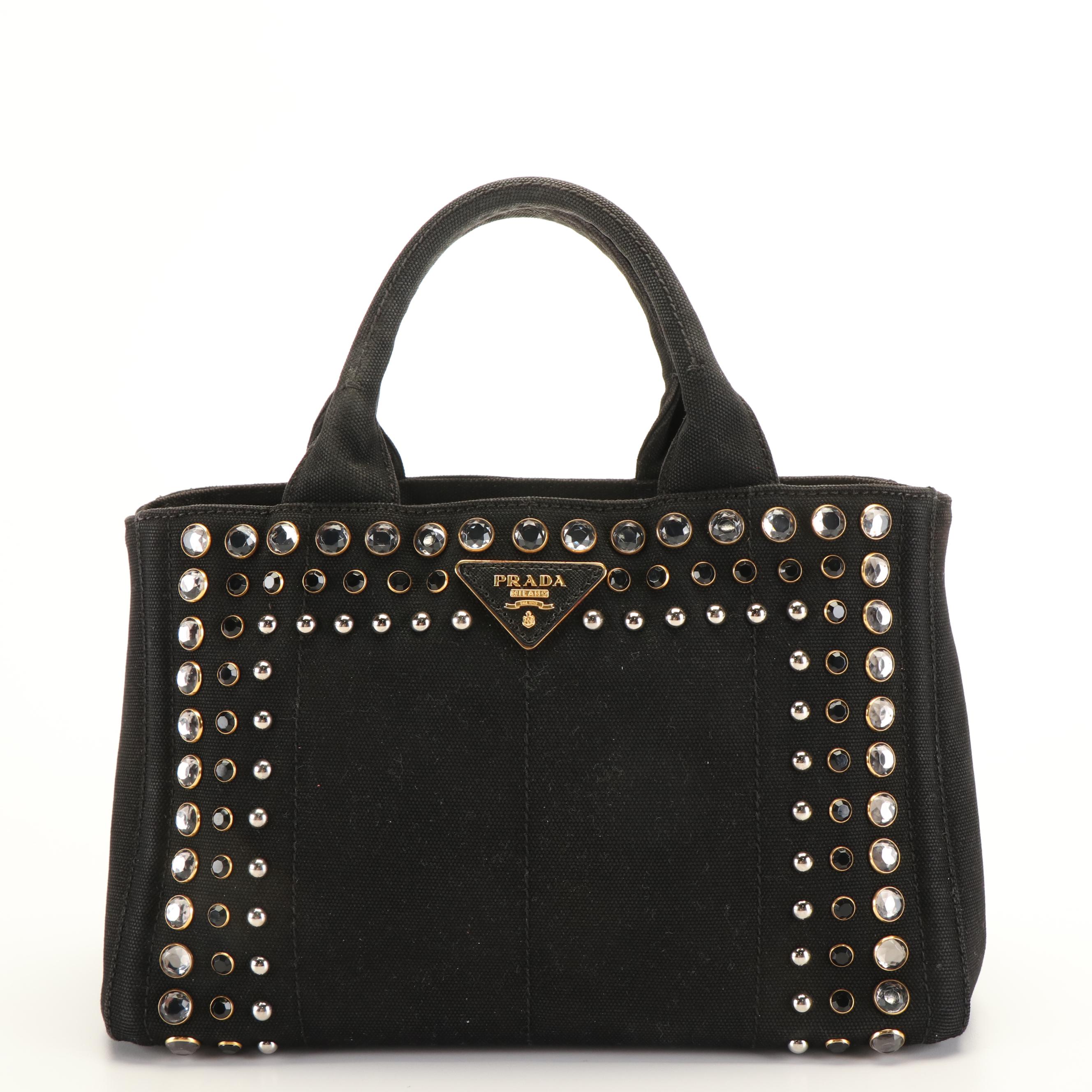 Prada Crystal Studded Canapa Bijoux Tote in Black Canvas