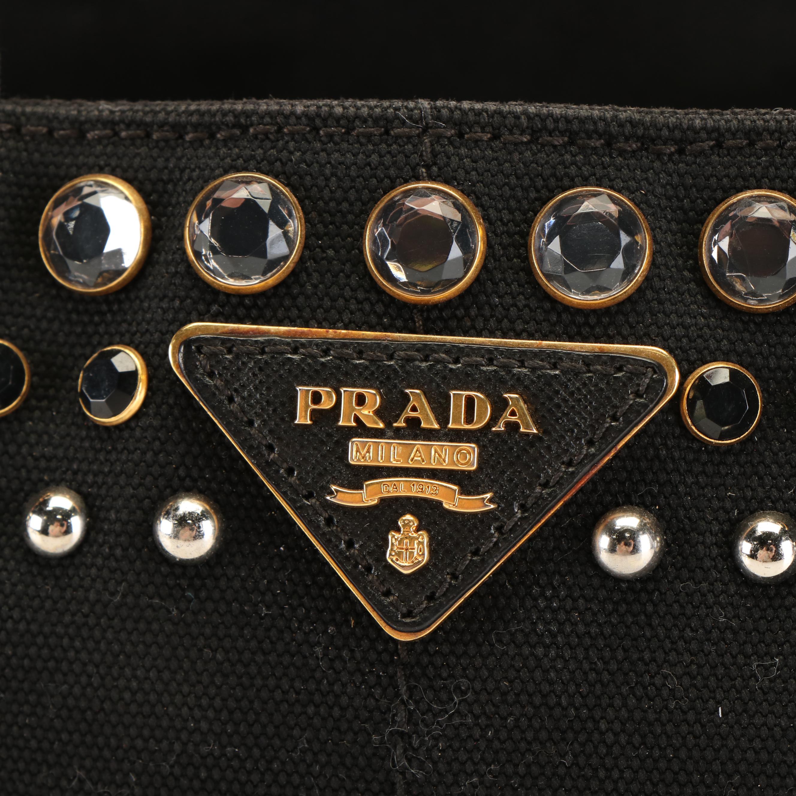Prada Crystal Studded Canapa Bijoux Tote in Black Canvas