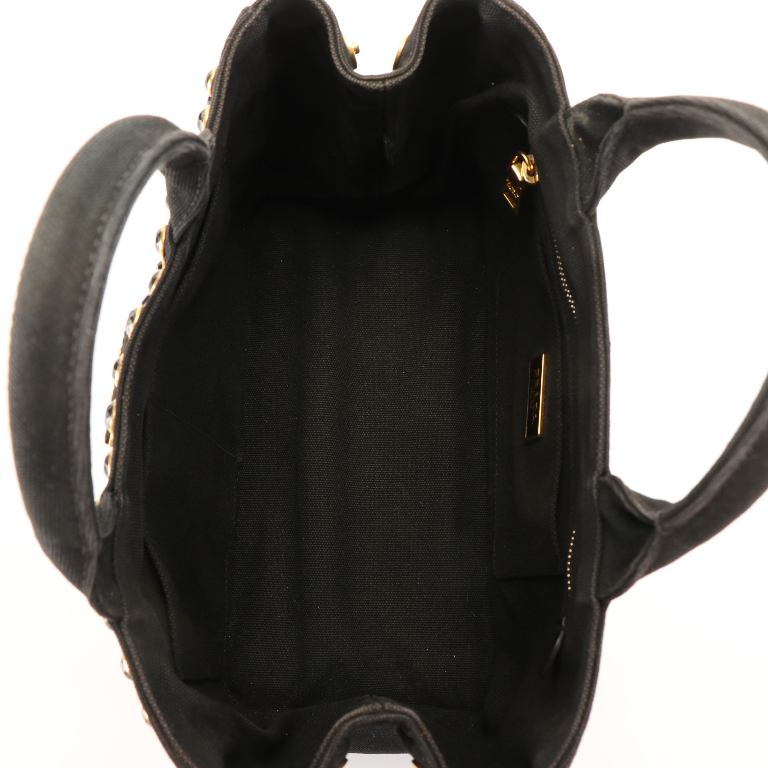 Prada Crystal Studded Canapa Bijoux Tote in Black Canvas