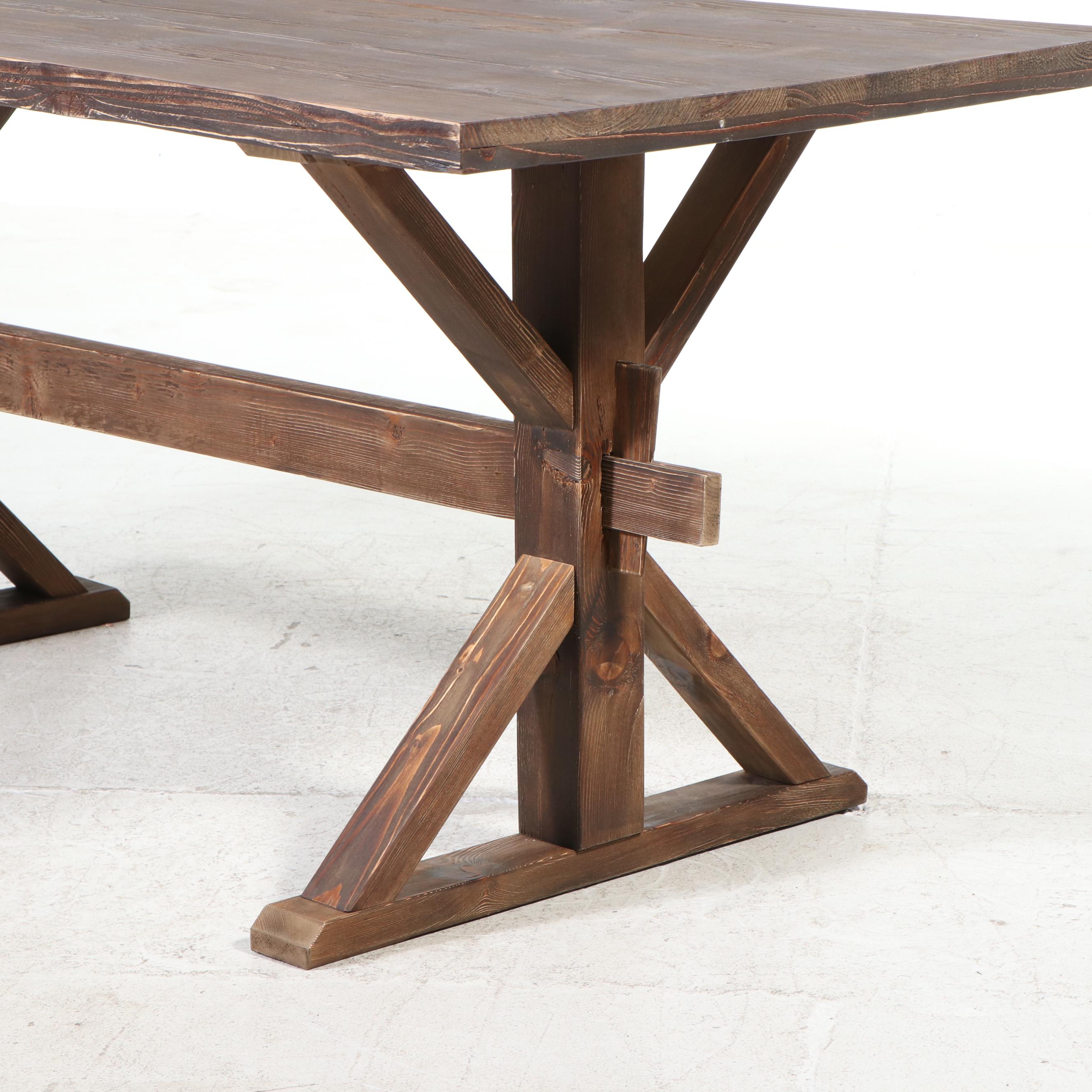 Rustic Pine Trestle-Base Dining Table