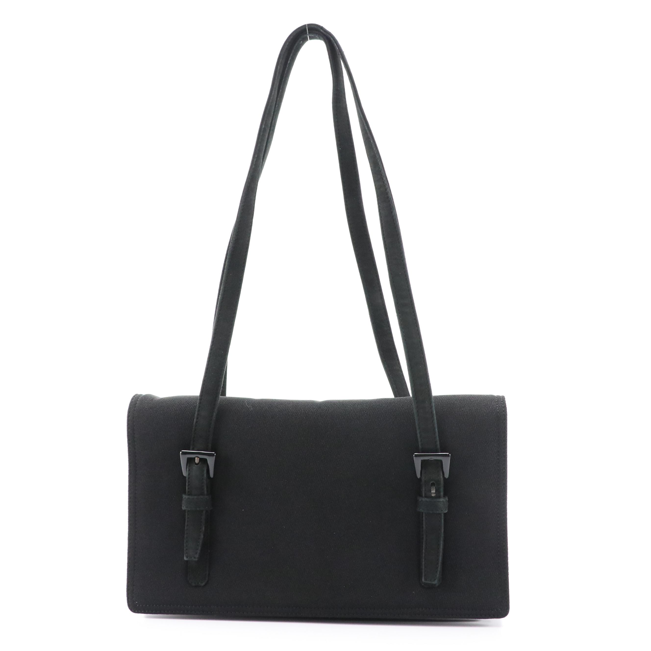 Prada Front Flap Accordion Shoulder Bag in Black Fabric and Suede Trim