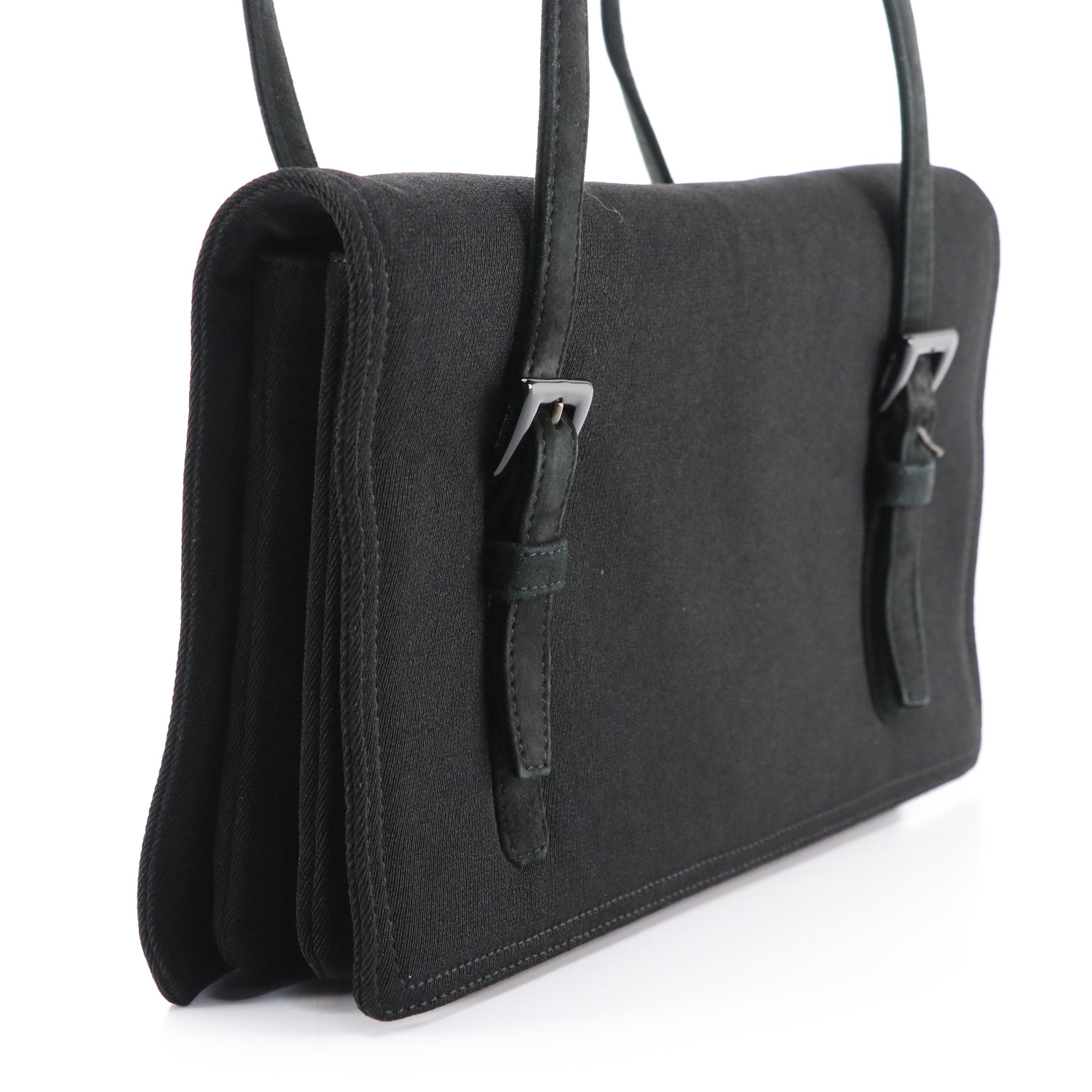 Prada Front Flap Accordion Shoulder Bag in Black Fabric and Suede Trim