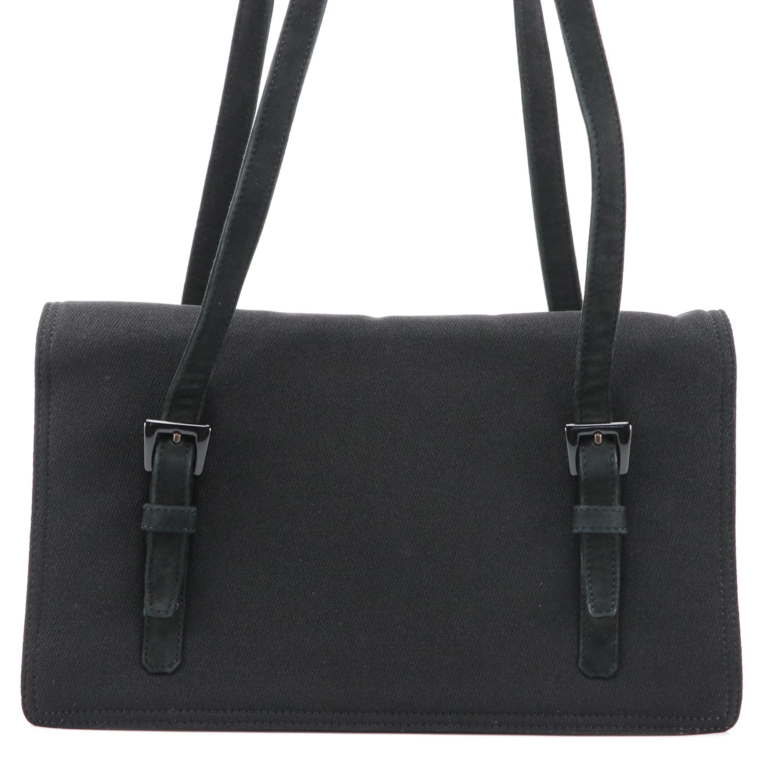 Prada Front Flap Accordion Shoulder Bag in Black Fabric and Suede Trim