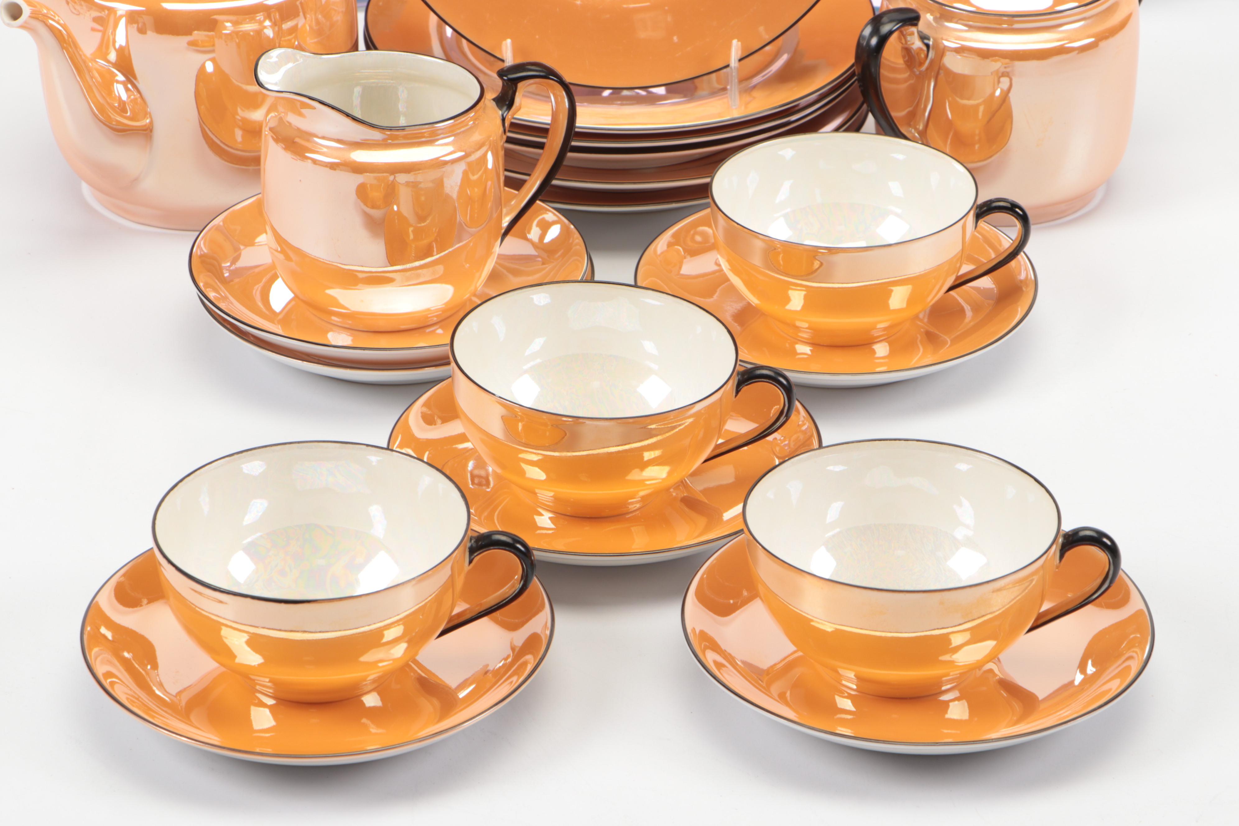 Noritake Orange Lusterware Tea Set and Plates with Serving Platters