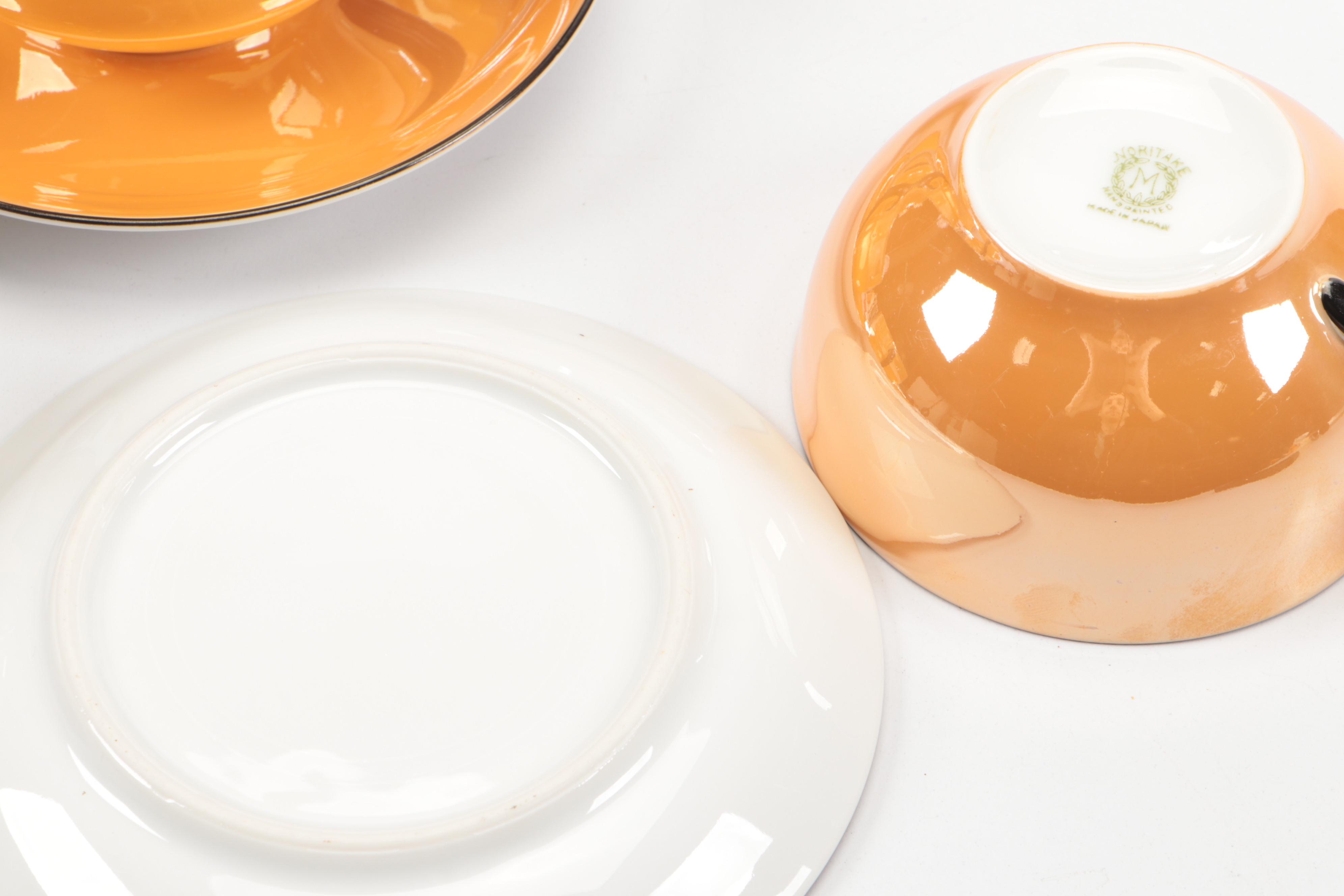 Noritake Orange Lusterware Tea Set and Plates with Serving Platters