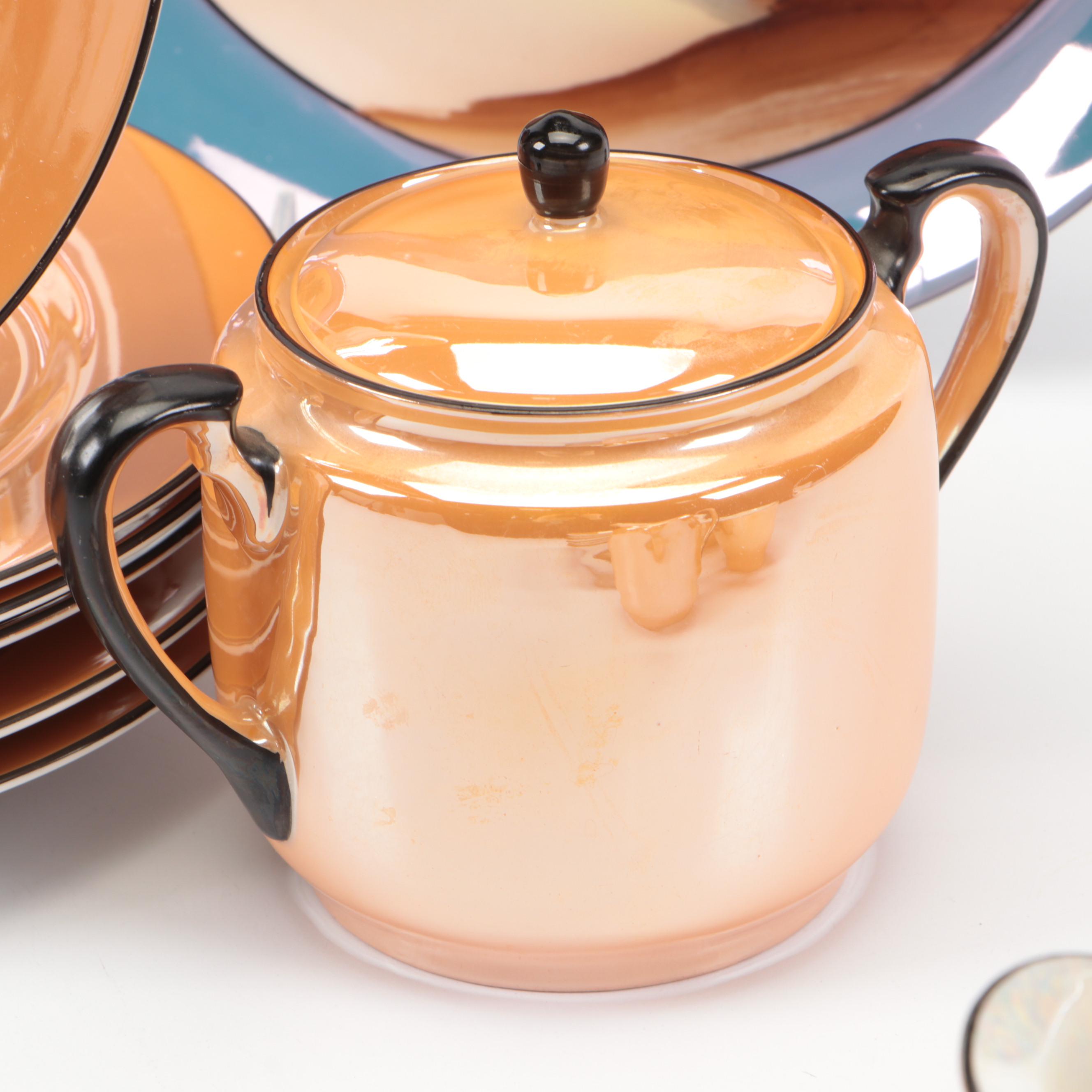 Noritake Orange Lusterware Tea Set and Plates with Serving Platters