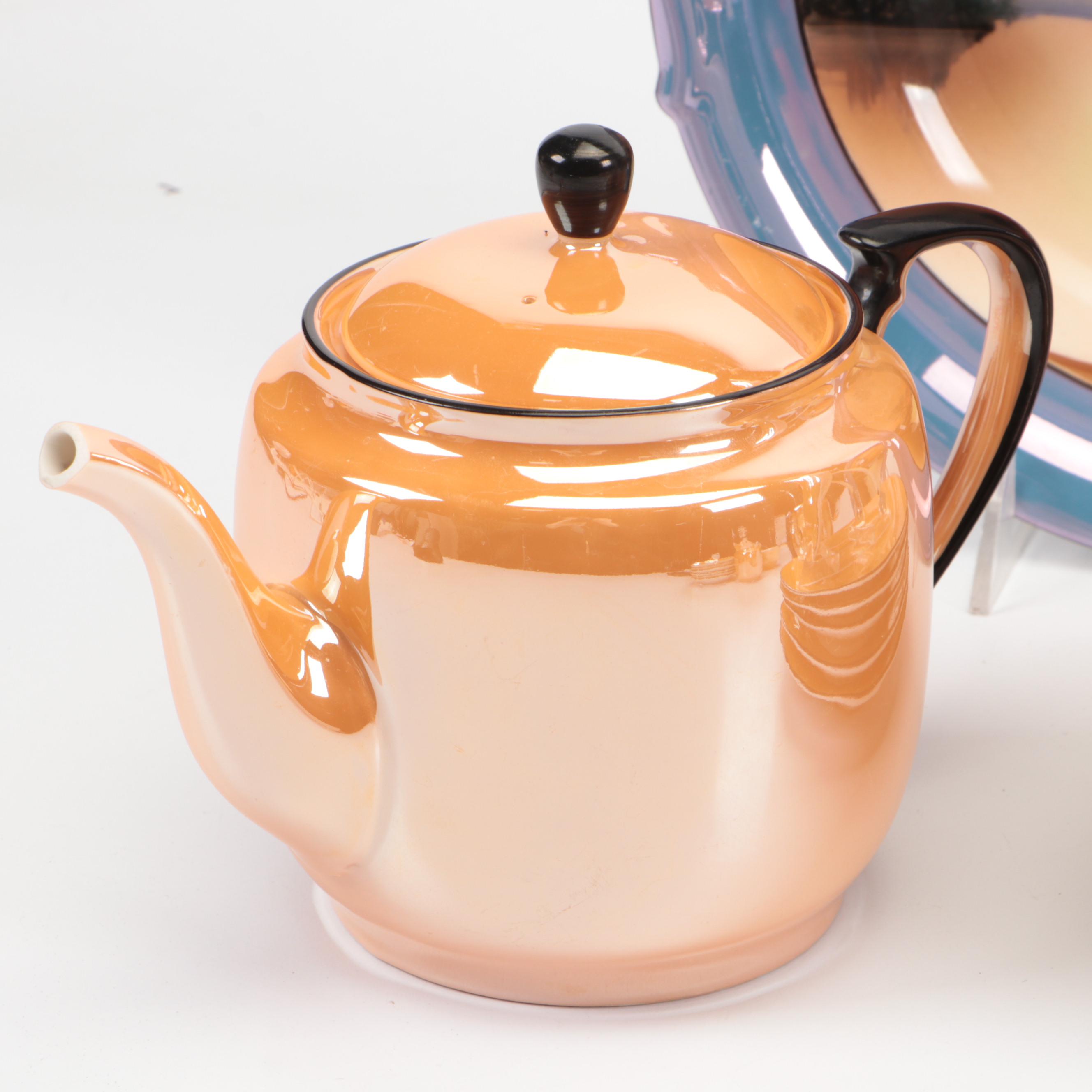 Noritake Orange Lusterware Tea Set and Plates with Serving Platters