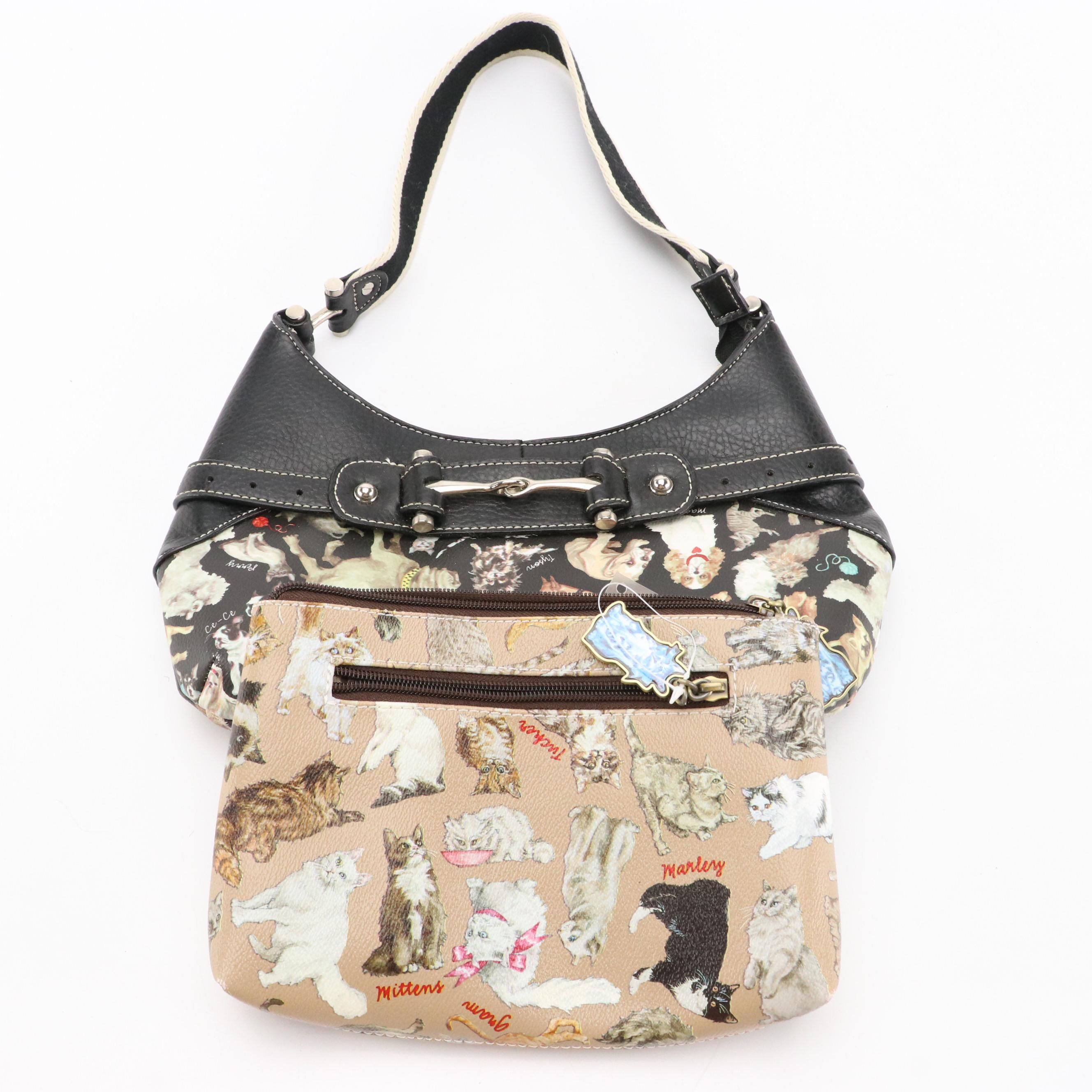 Sydney Love Shoulder Bag in Dog Print Canvas with Cat Cosmetic Bag, New With Tag