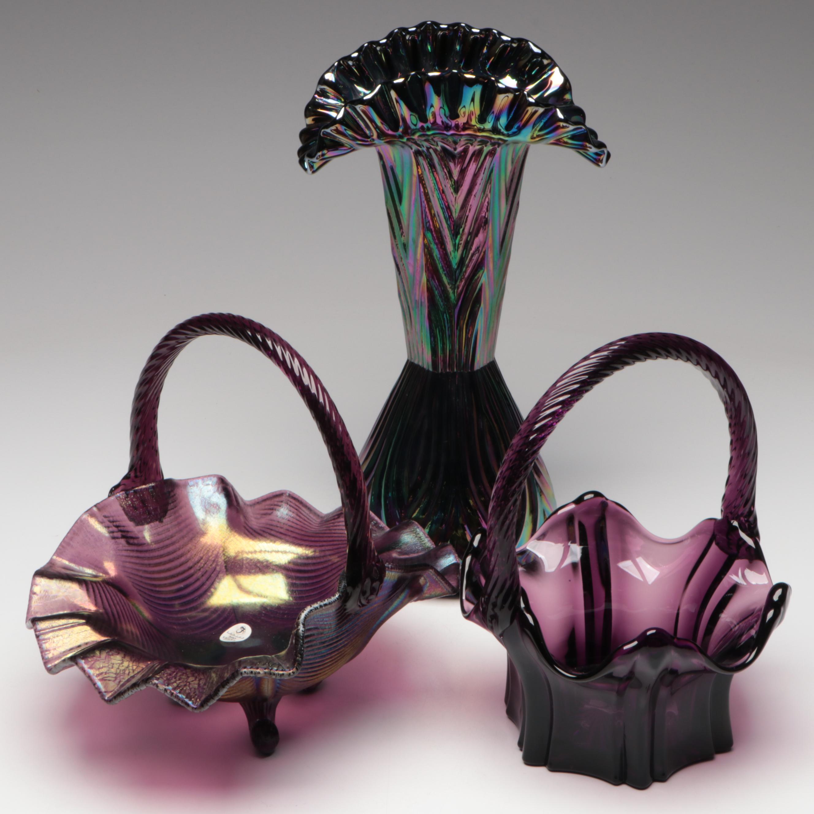 Fenton Carnival Glass Baskets and Vase Including 100 Year Anniversary
