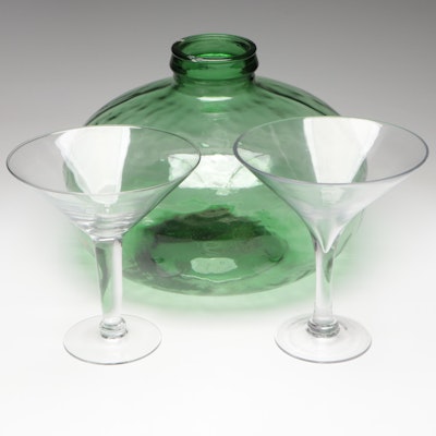 Green Glass Vase with Pair of  Martini Glasses
