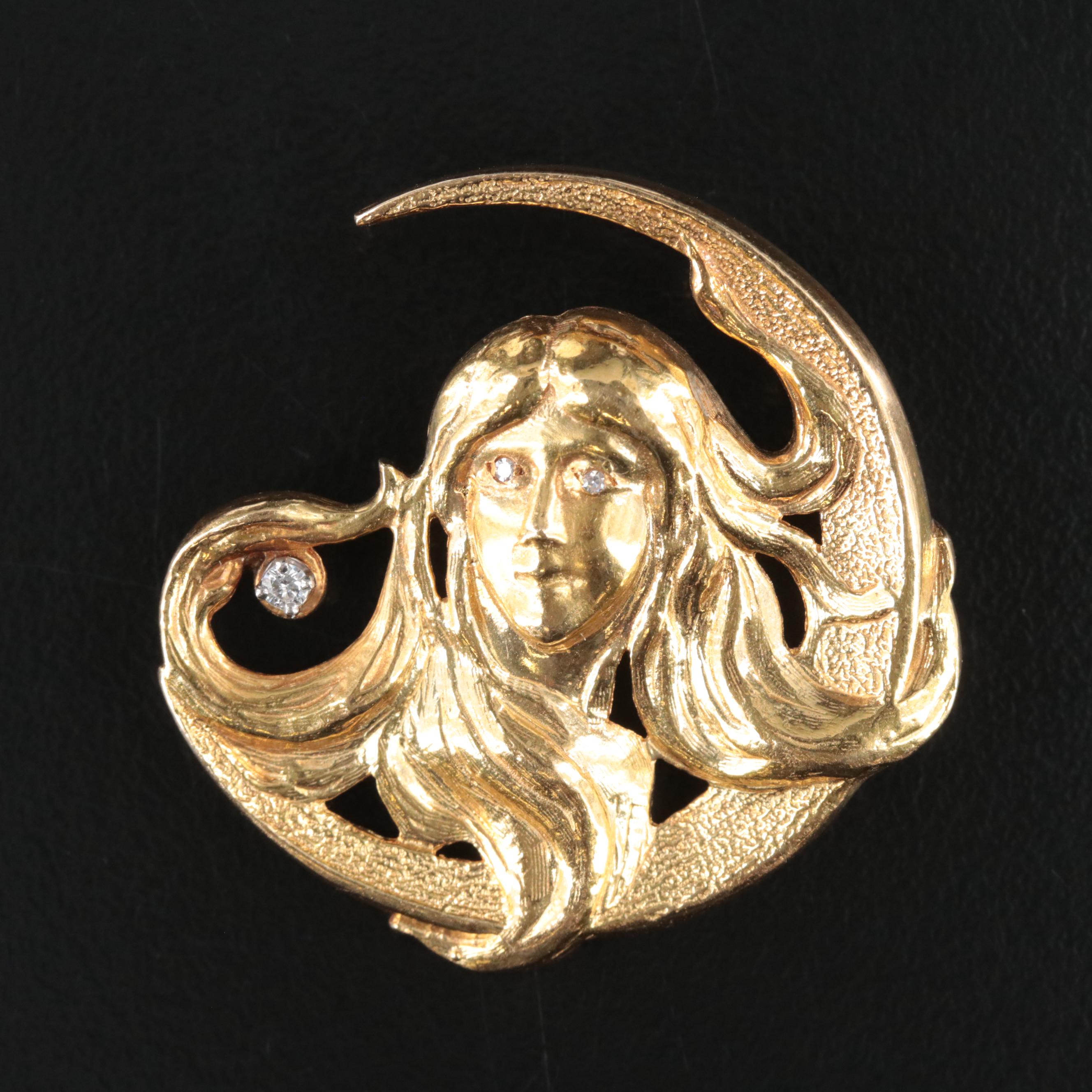 Art Nouveau Style 18K 0.05 CT Diamond Crescent Brooch