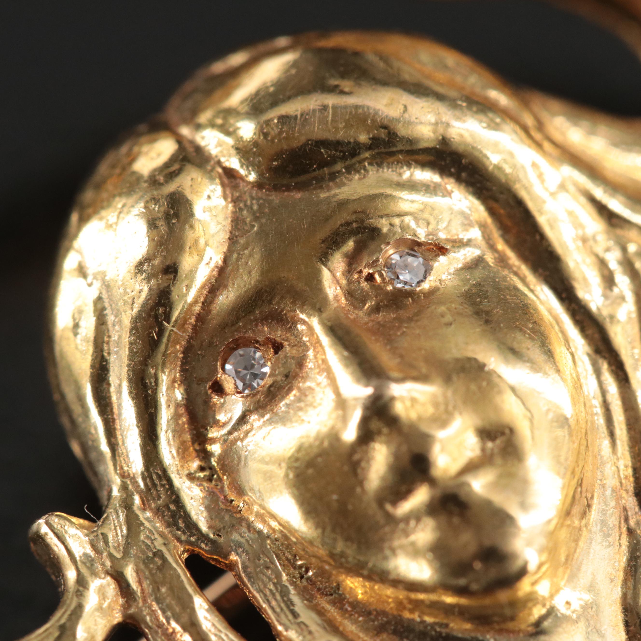 Art Nouveau Style 18K 0.05 CT Diamond Crescent Brooch