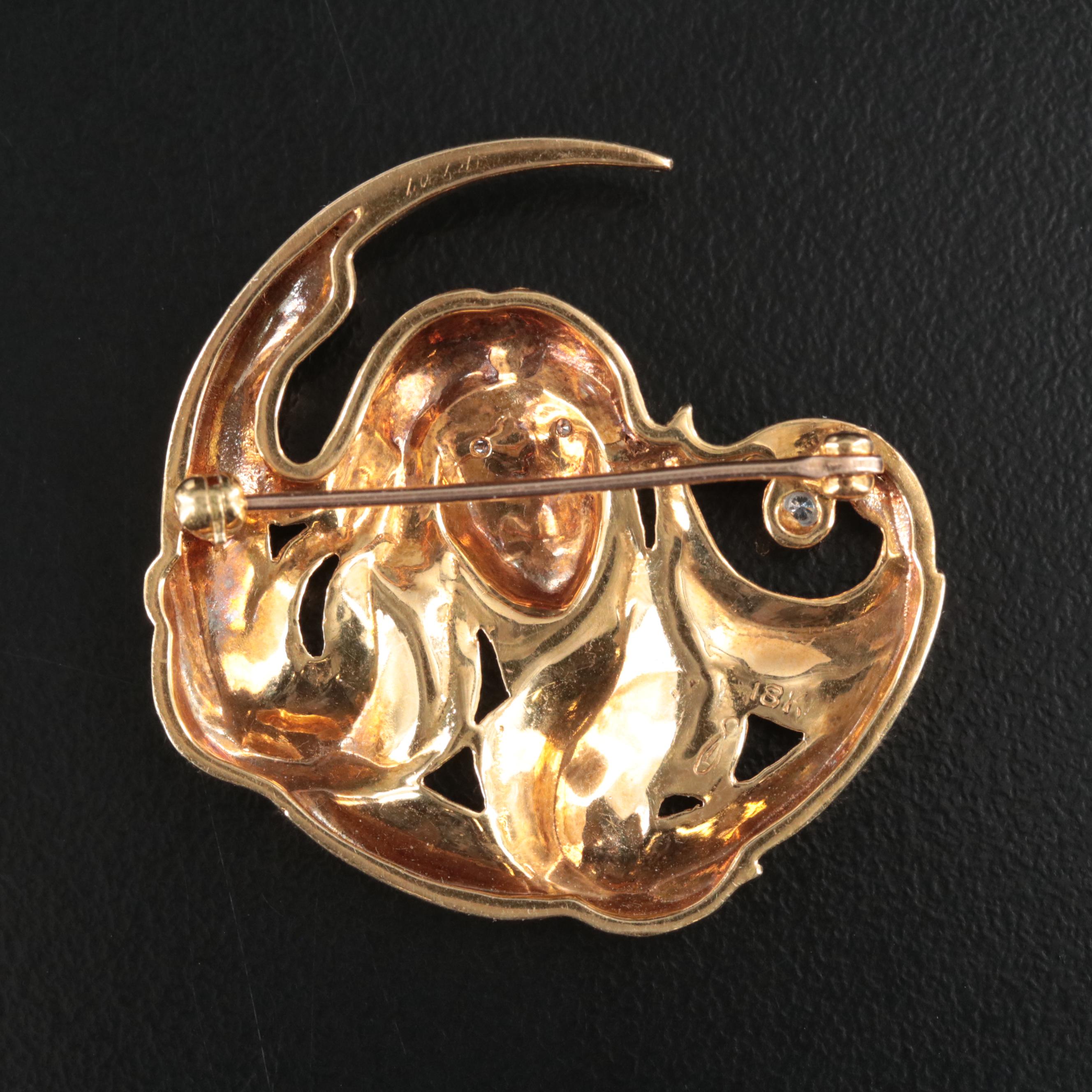 Art Nouveau Style 18K 0.05 CT Diamond Crescent Brooch