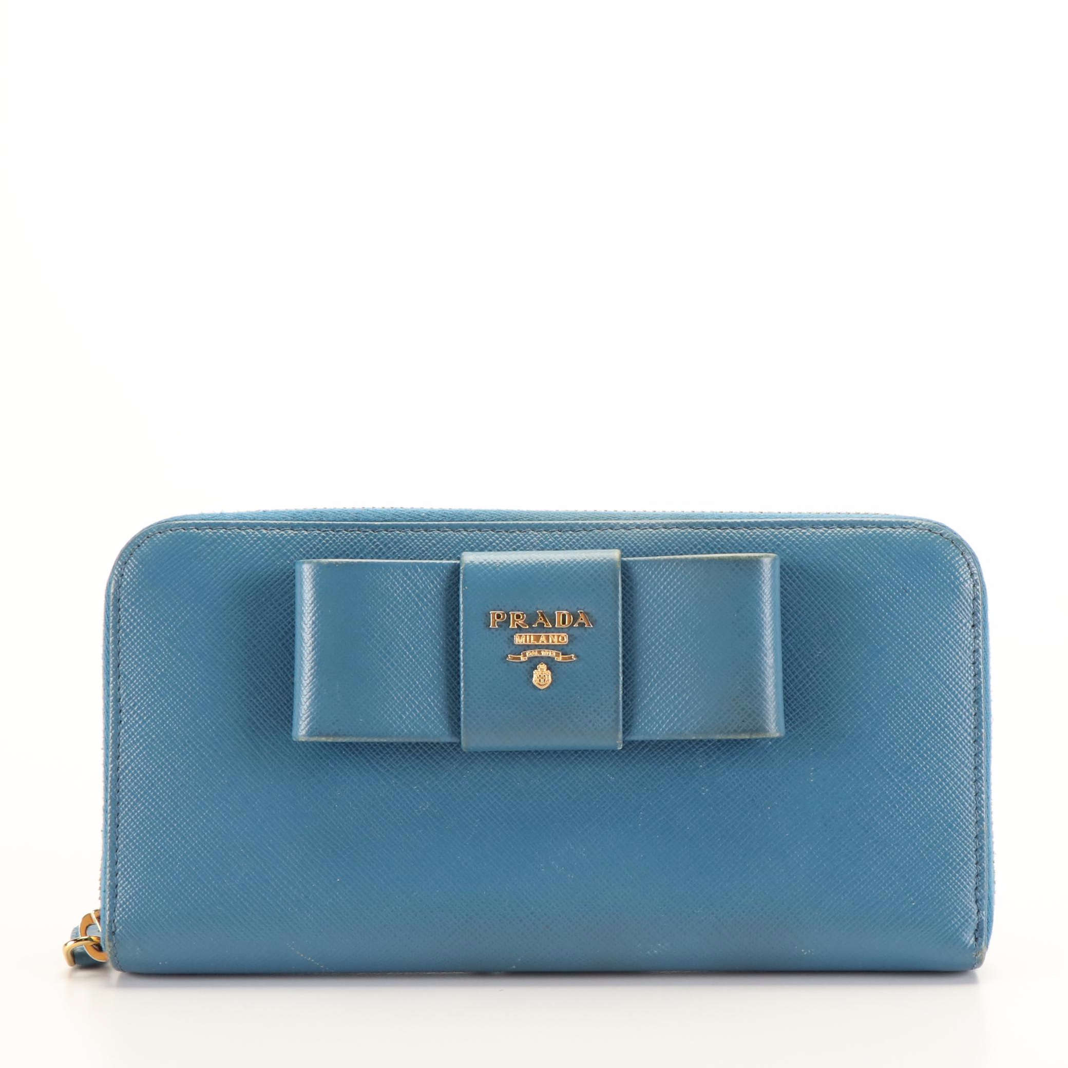 Prada Vara Bow Zip Around Wallet in Blue Saffiano Leather