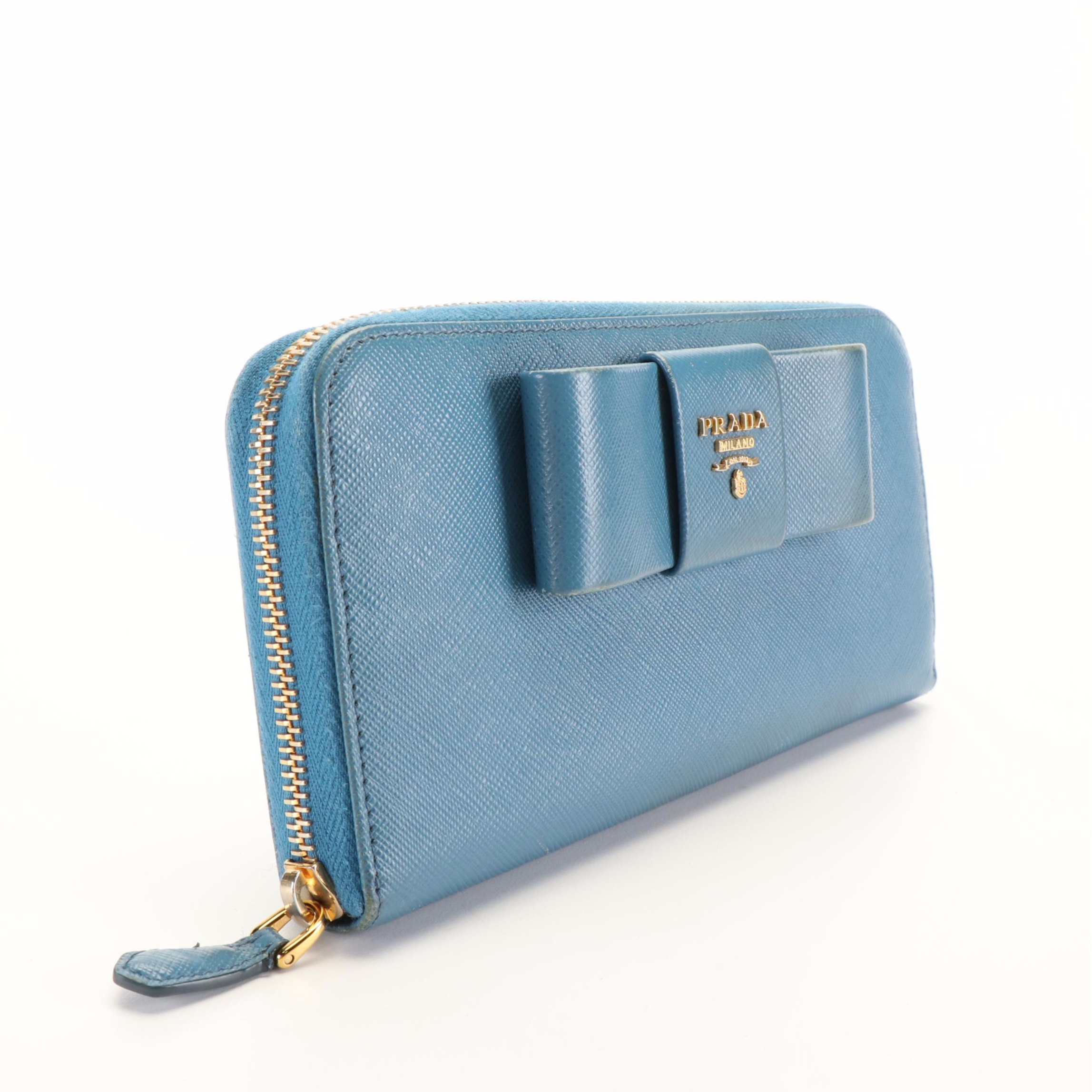 Prada Vara Bow Zip Around Wallet in Blue Saffiano Leather