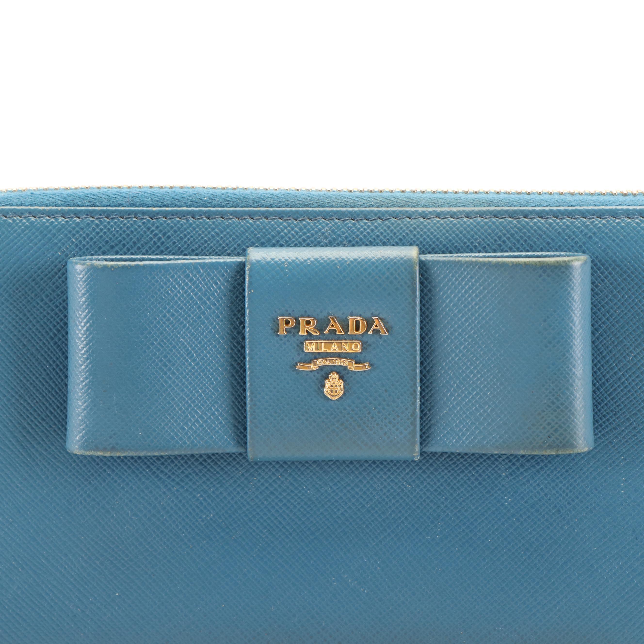Prada Vara Bow Zip Around Wallet in Blue Saffiano Leather