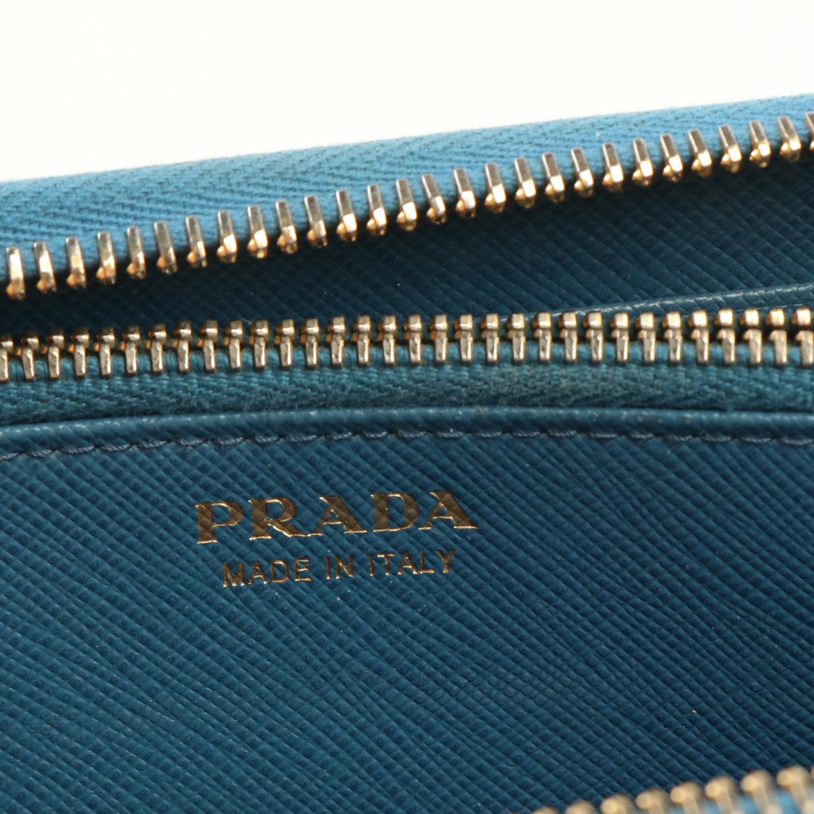 Prada Vara Bow Zip Around Wallet in Blue Saffiano Leather