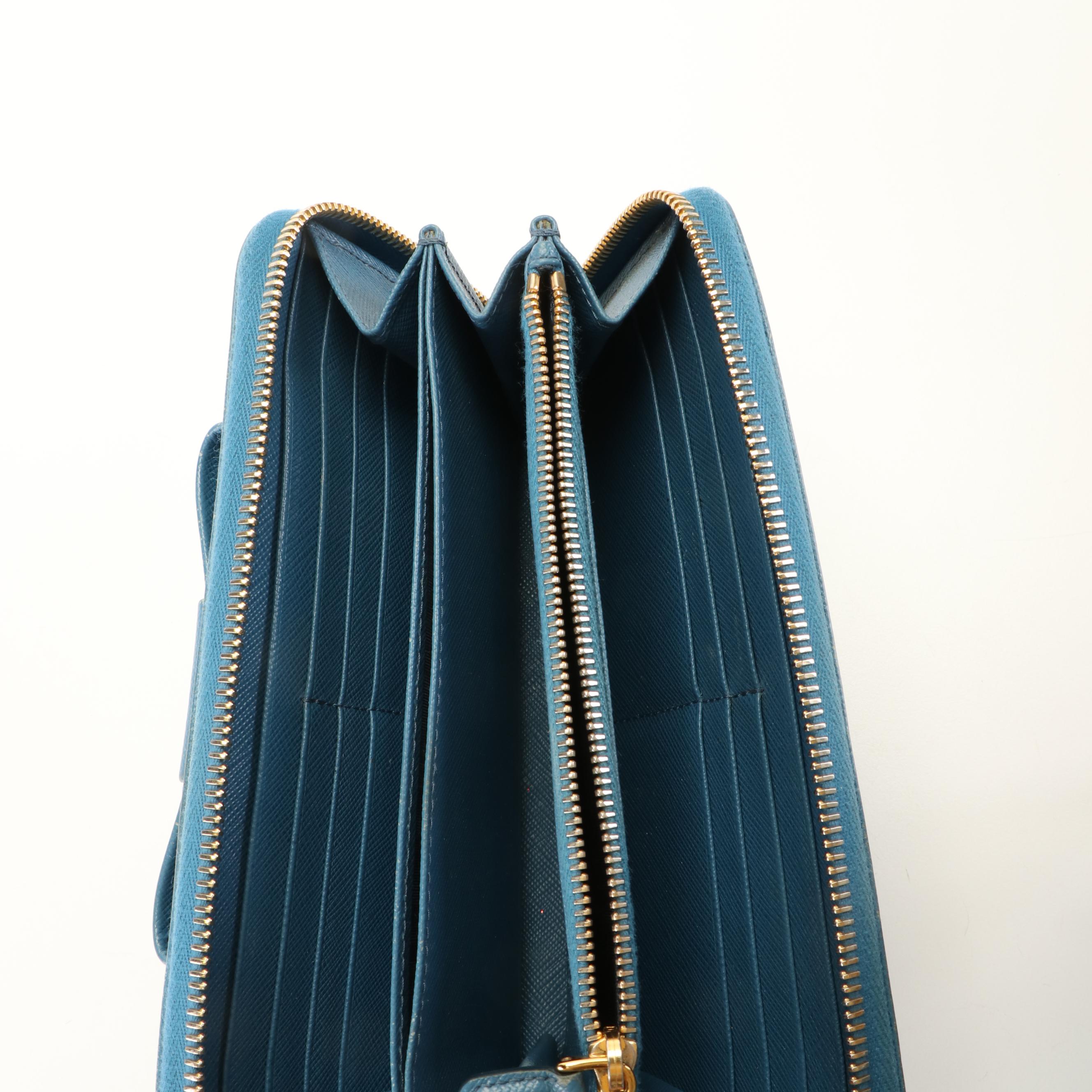 Prada Vara Bow Zip Around Wallet in Blue Saffiano Leather