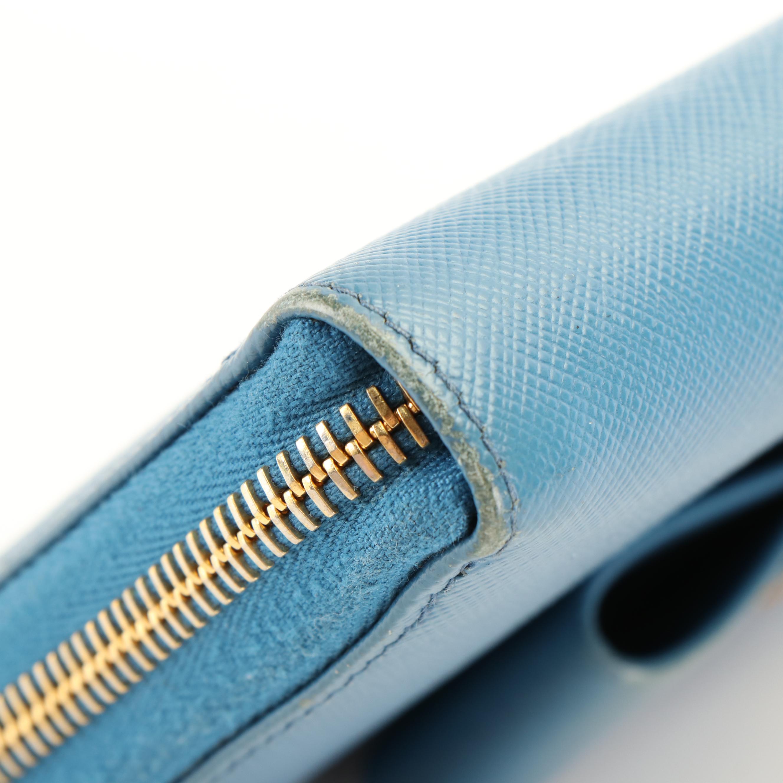 Prada Vara Bow Zip Around Wallet in Blue Saffiano Leather