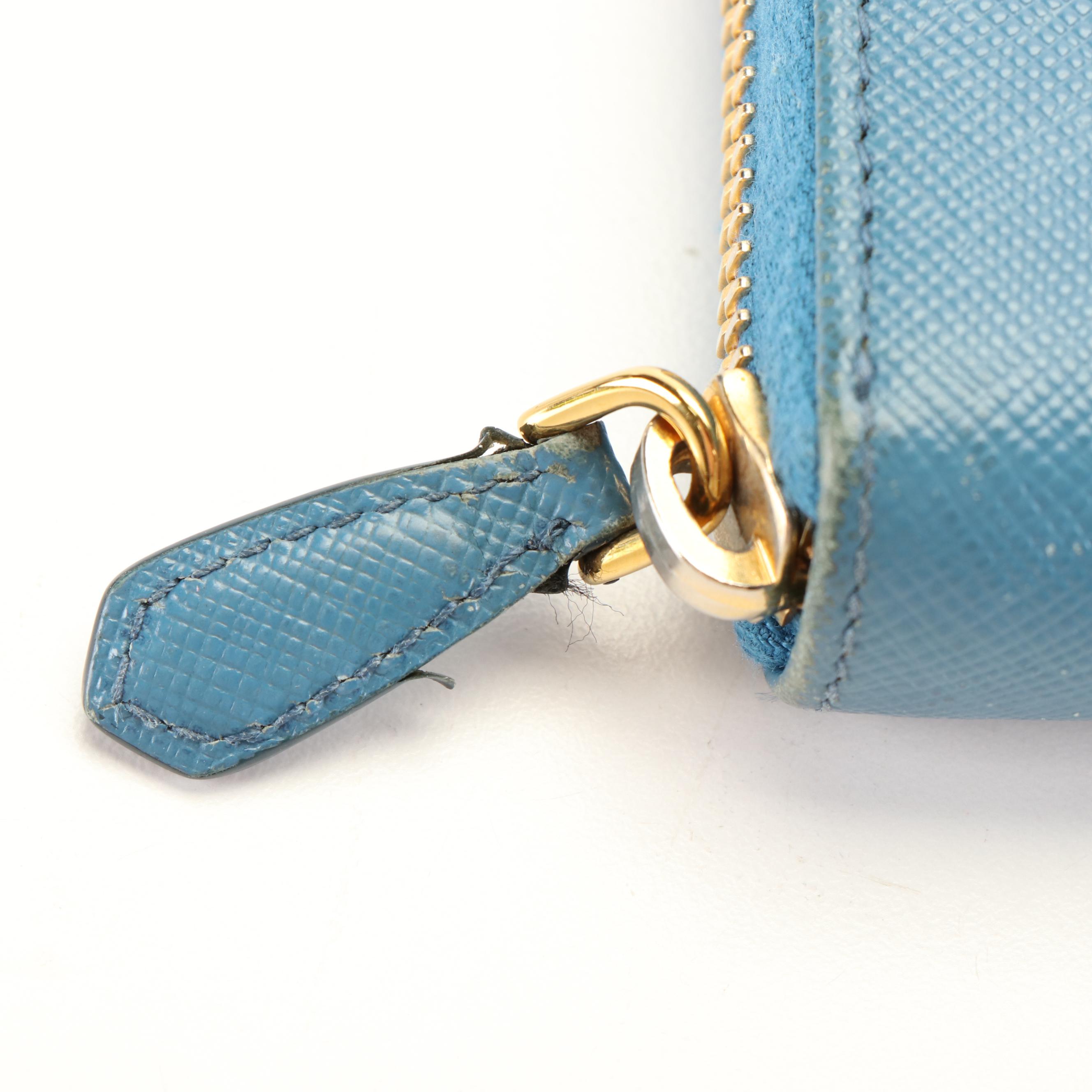 Prada Vara Bow Zip Around Wallet in Blue Saffiano Leather