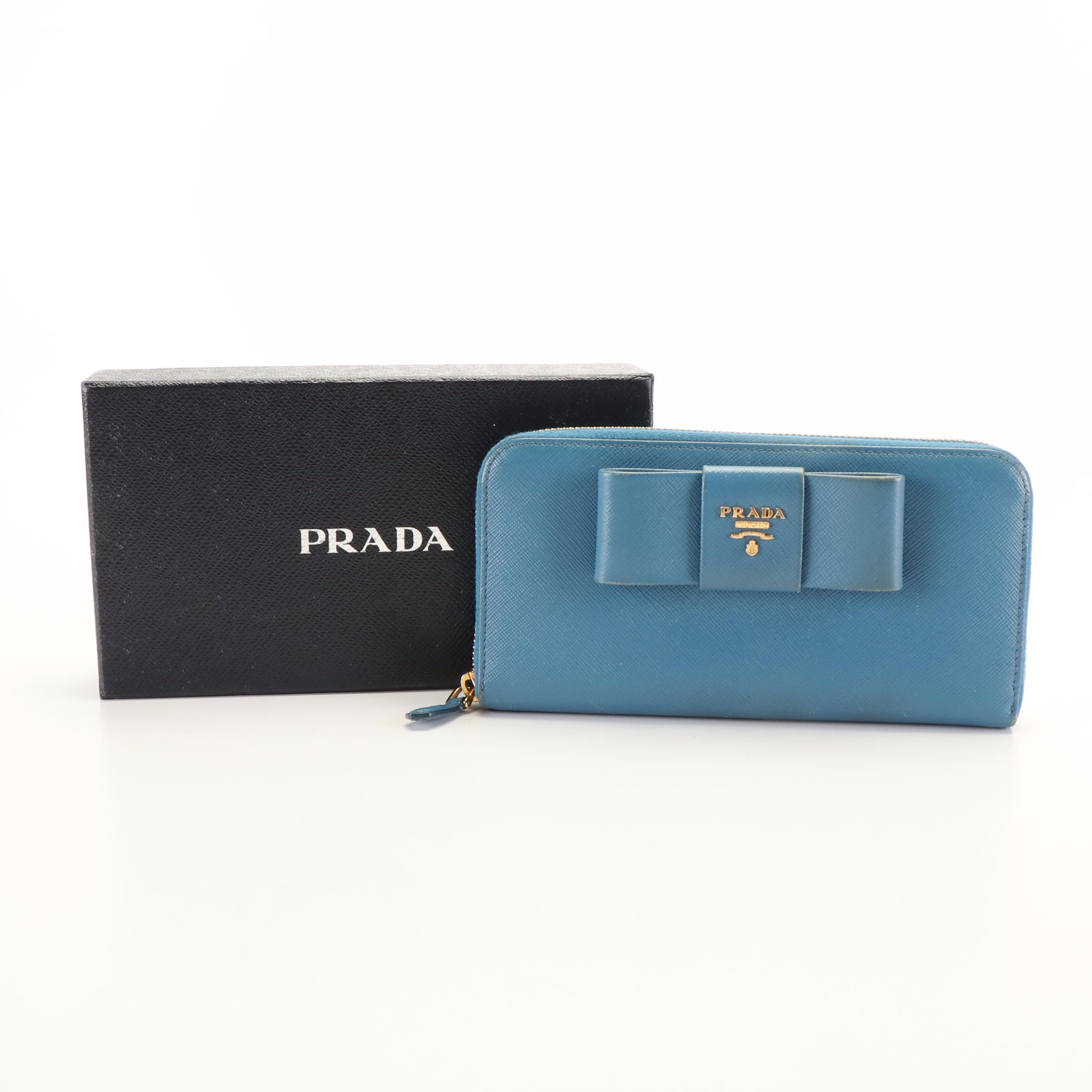 Prada Vara Bow Zip Around Wallet in Blue Saffiano Leather
