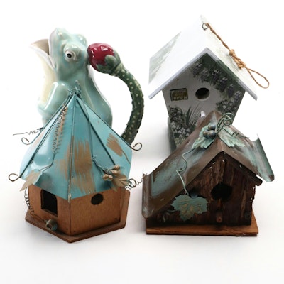 Paint-Decorated Wood and Metal Birdhouses with Majolica Frog Pitcher