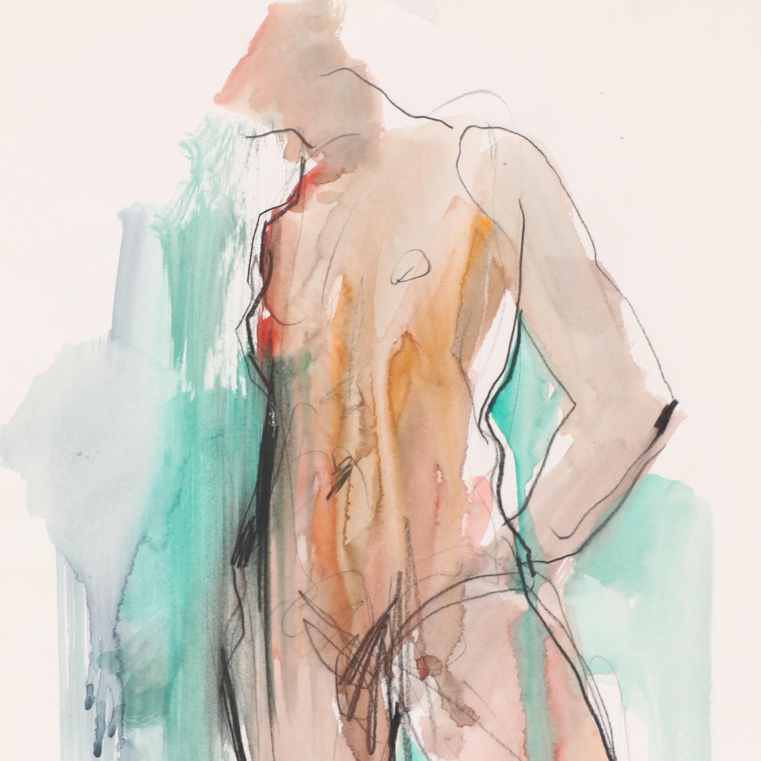 Jack Meanwell Modern Mixed Media Figural Nude Painting, Late 20th Century