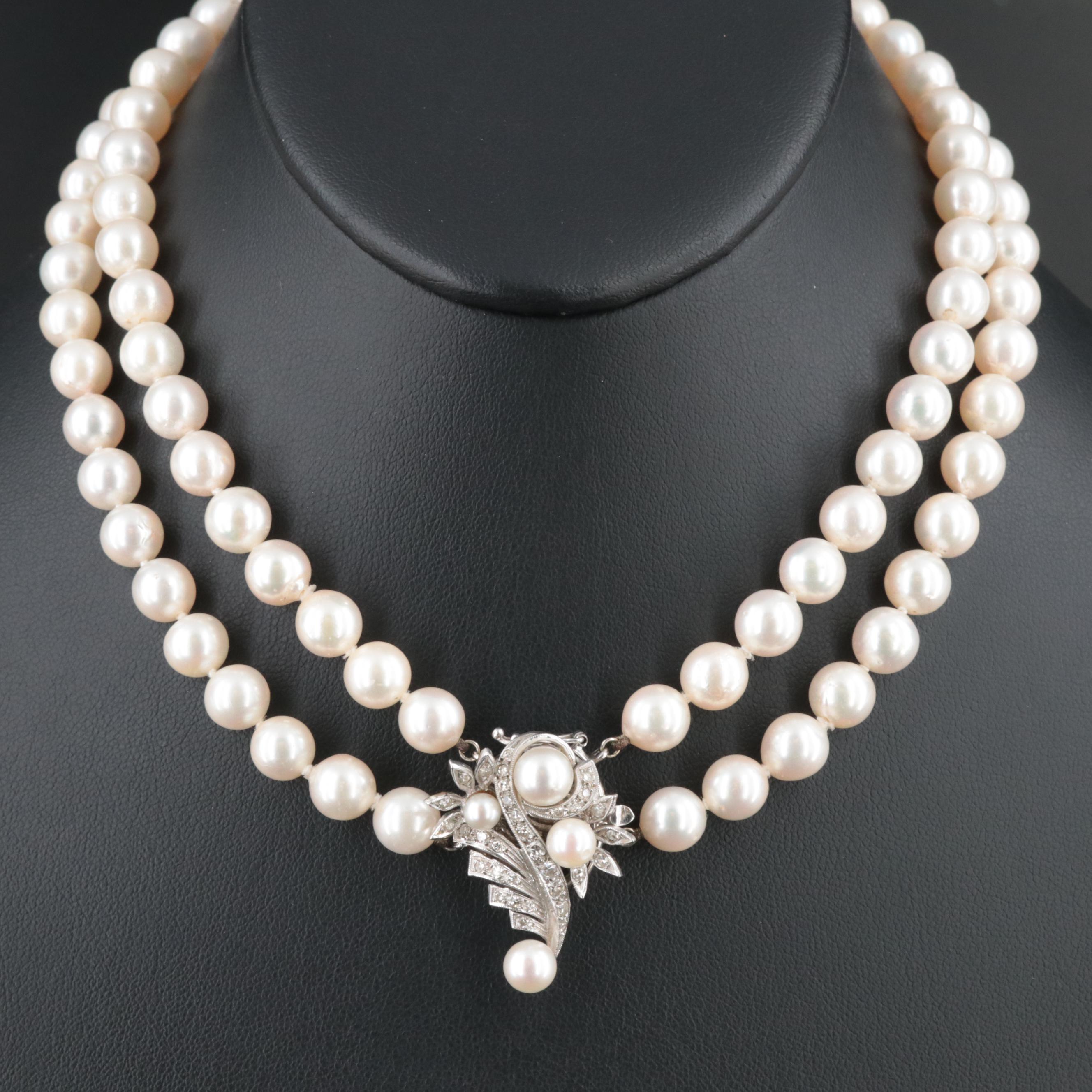 Vintage Pearl Necklace with 14K Diamond Clasp