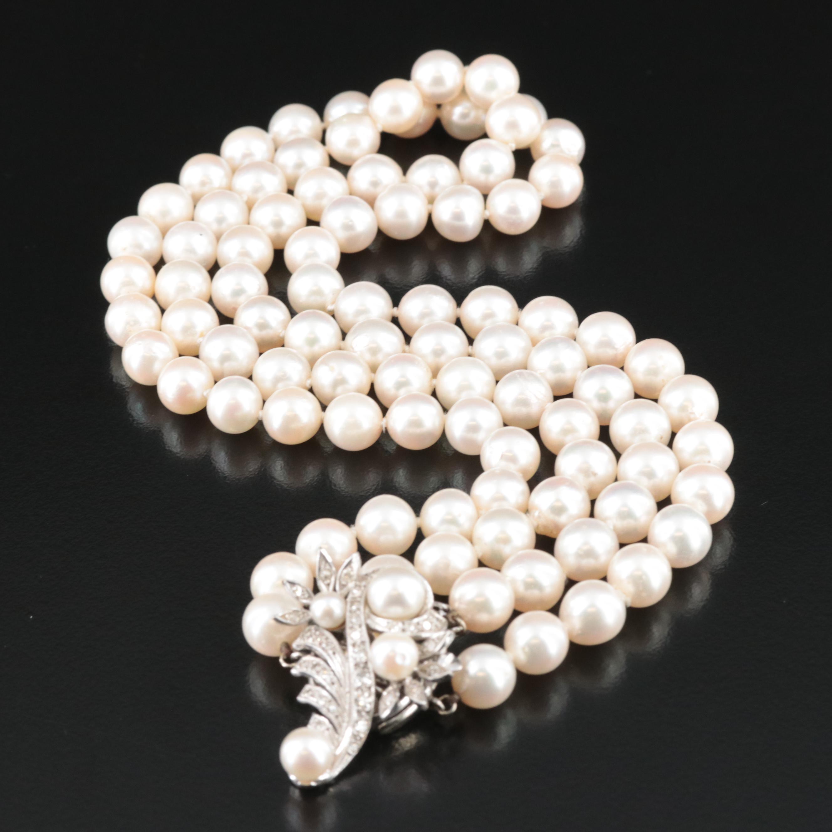 Vintage Pearl Necklace with 14K Diamond Clasp