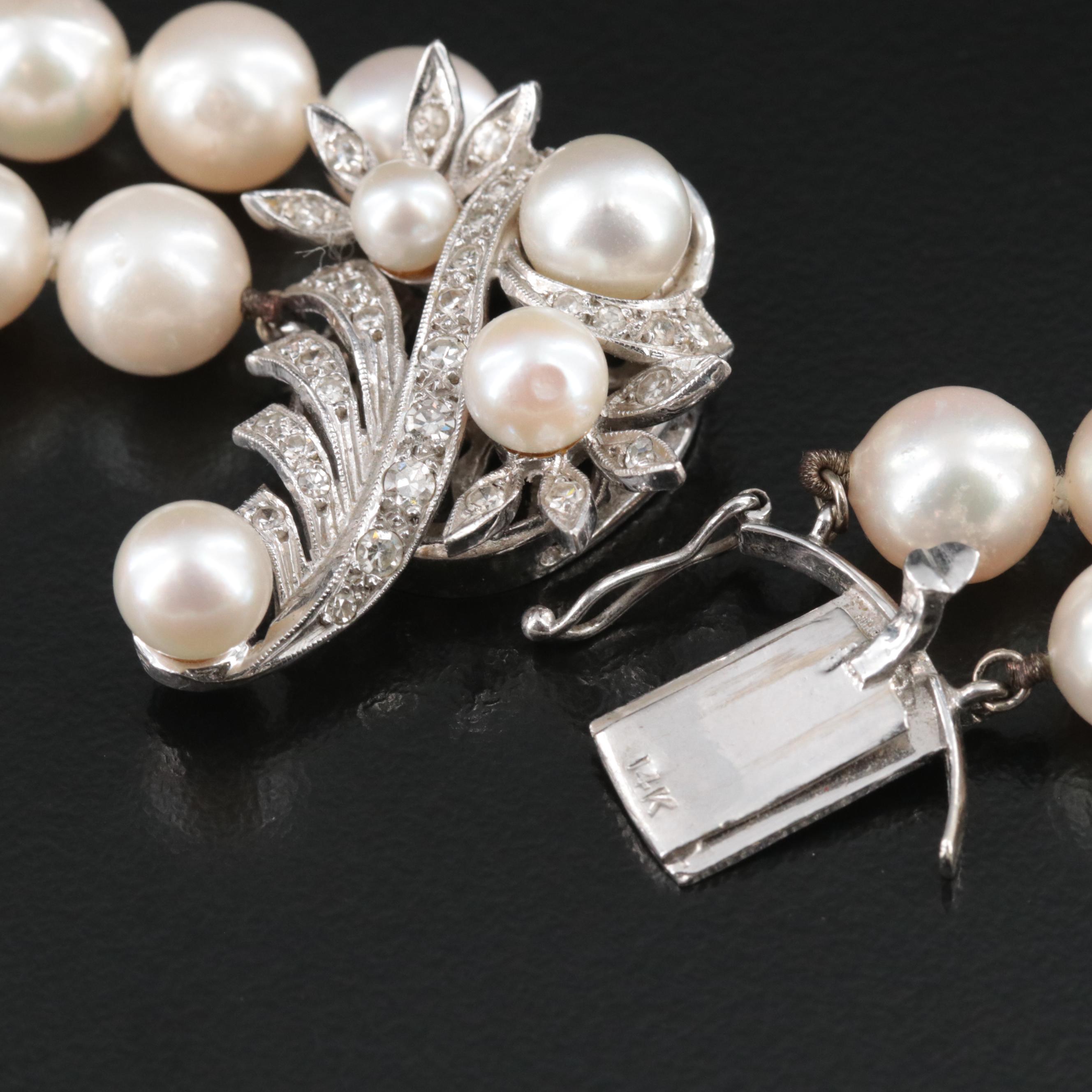 Vintage Pearl Necklace with 14K Diamond Clasp