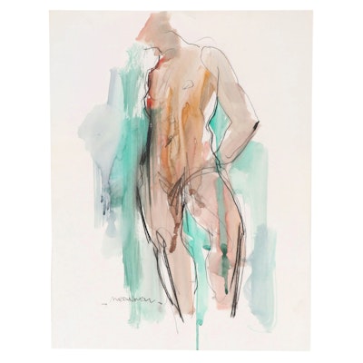 Jack Meanwell Modern Mixed Media Figural Nude Painting, Late 20th Century