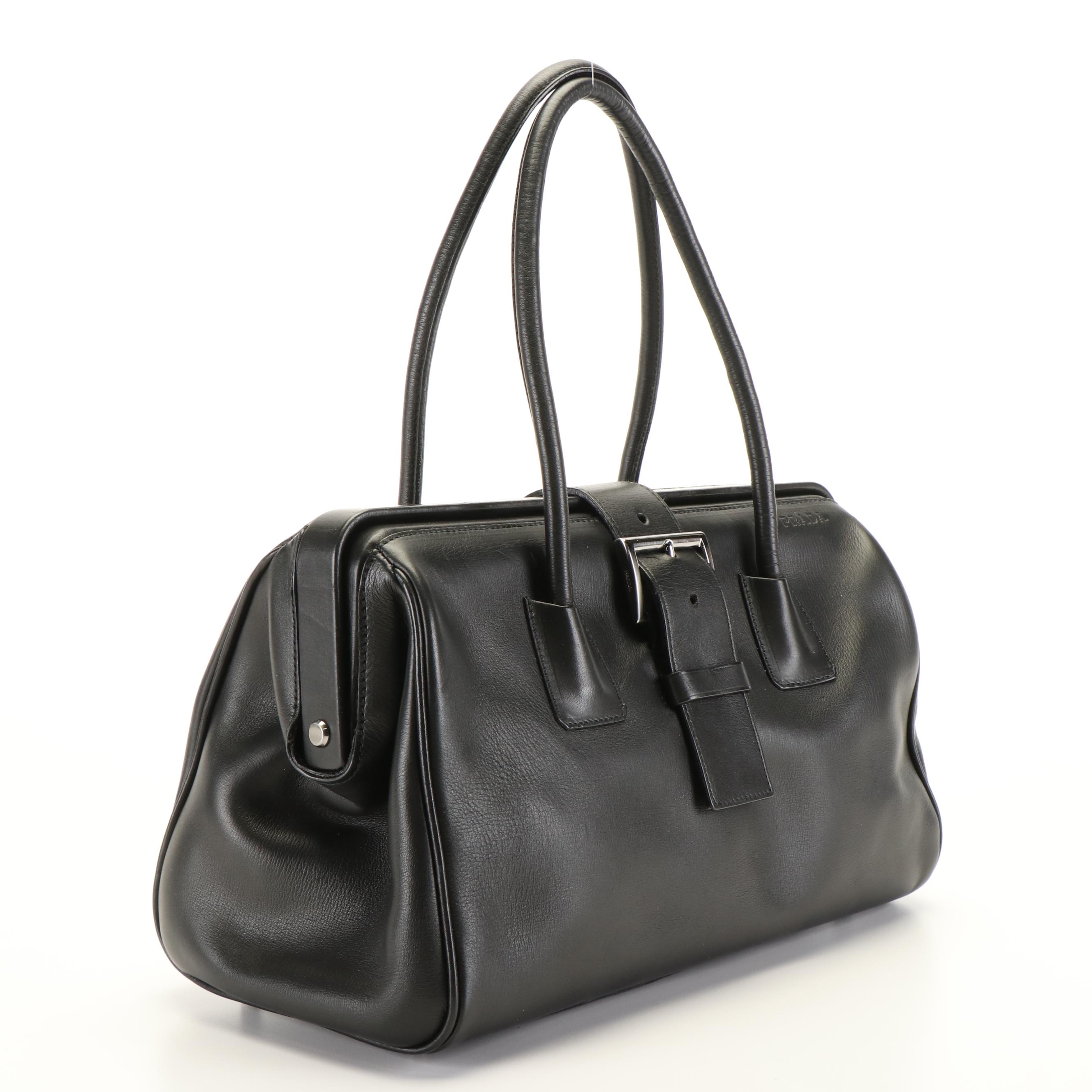 Prada Vitello Fibbia Shoulder Bag in Black Leather