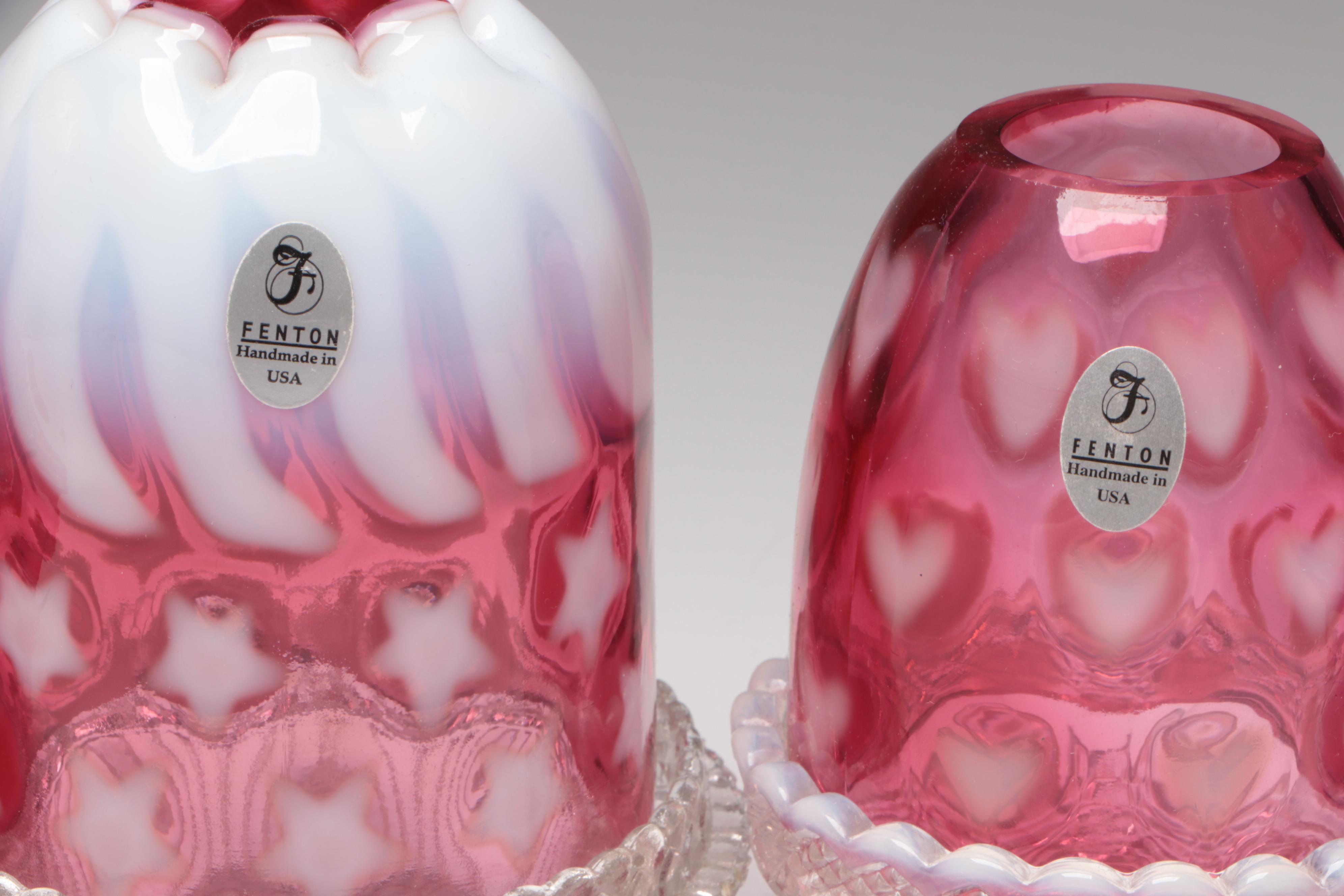 Fenton Cranberry Opalescent Optic Heart, Stars & Stripes Fairy Lamps and Top Hat