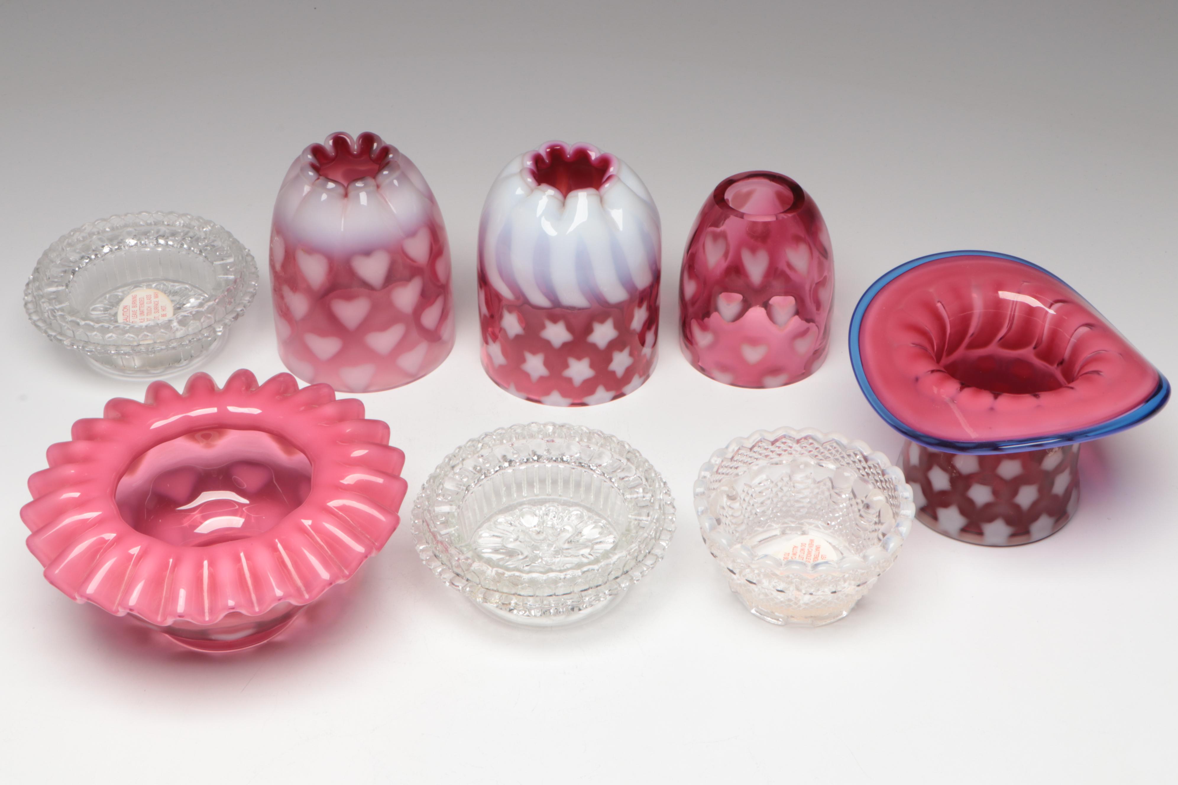 Fenton Cranberry Opalescent Optic Heart, Stars & Stripes Fairy Lamps and Top Hat