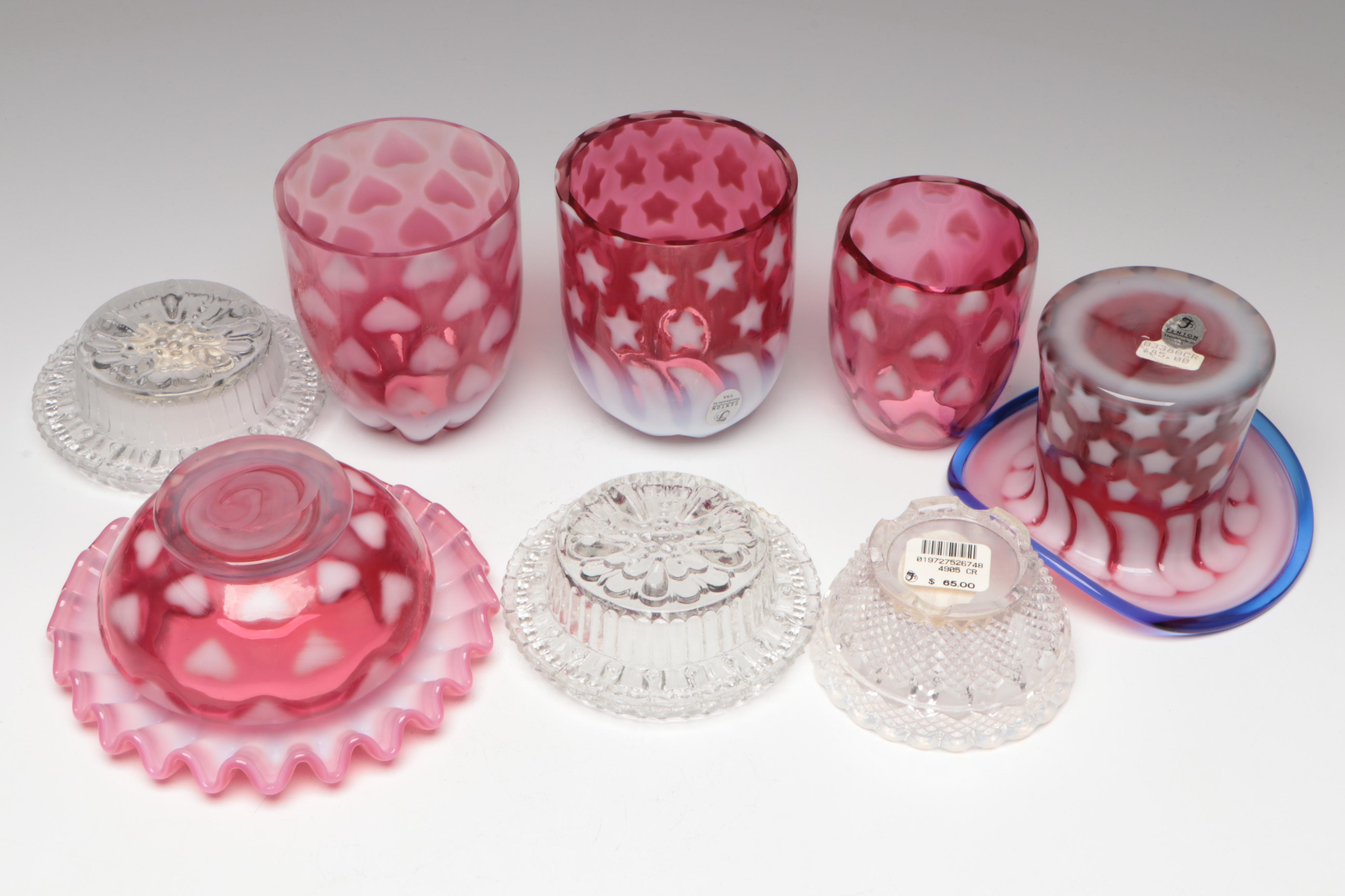 Fenton Cranberry Opalescent Optic Heart, Stars & Stripes Fairy Lamps and Top Hat