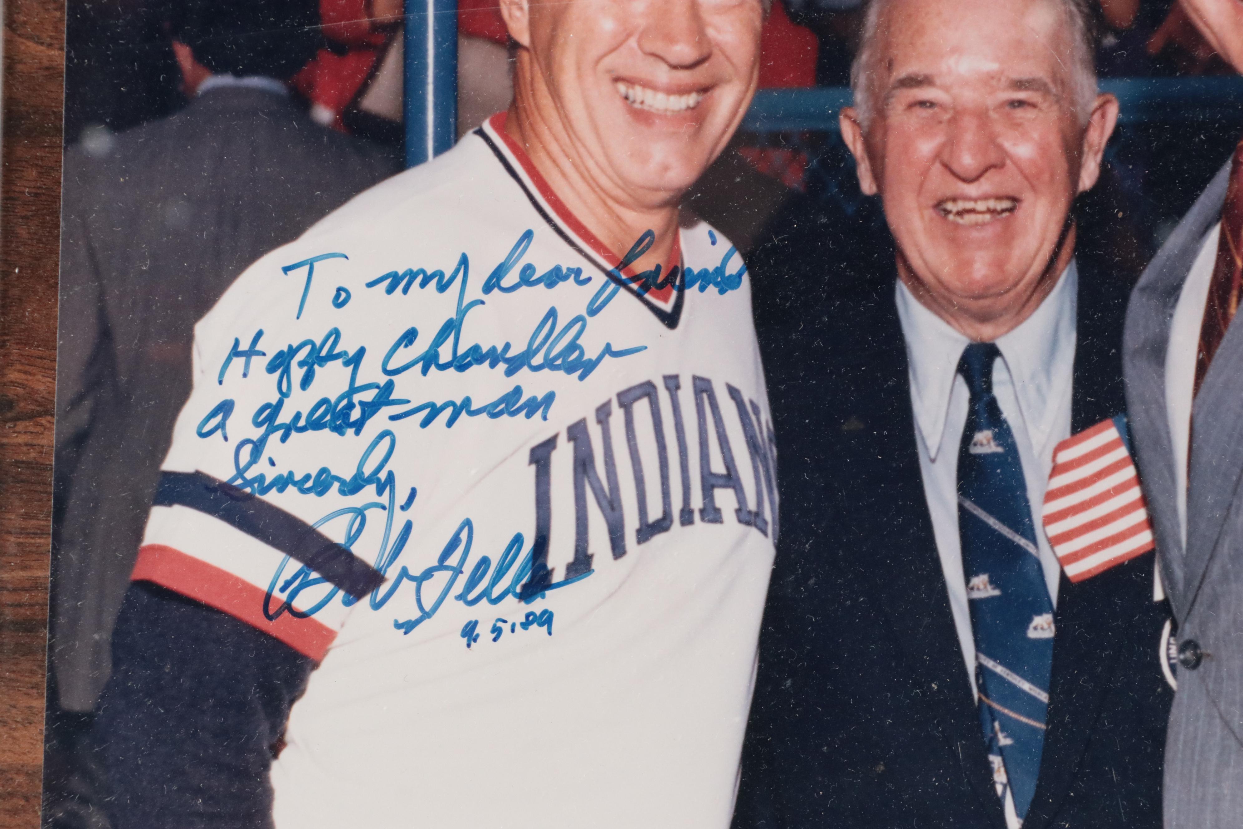 Bob Feller Signed Baseball Print Featuring "Happy" Chandler and George Bush