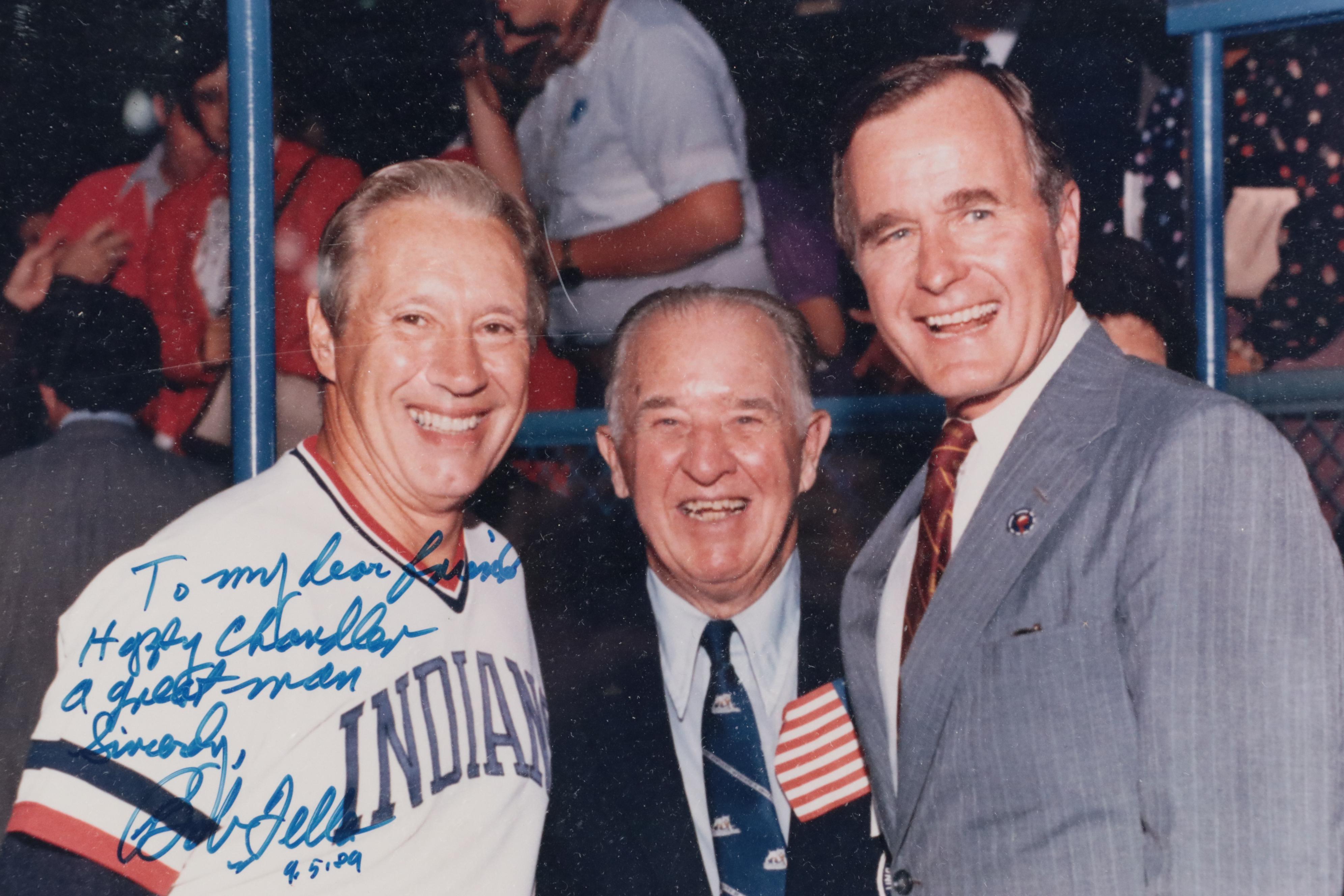 Bob Feller Signed Baseball Print Featuring "Happy" Chandler and George Bush