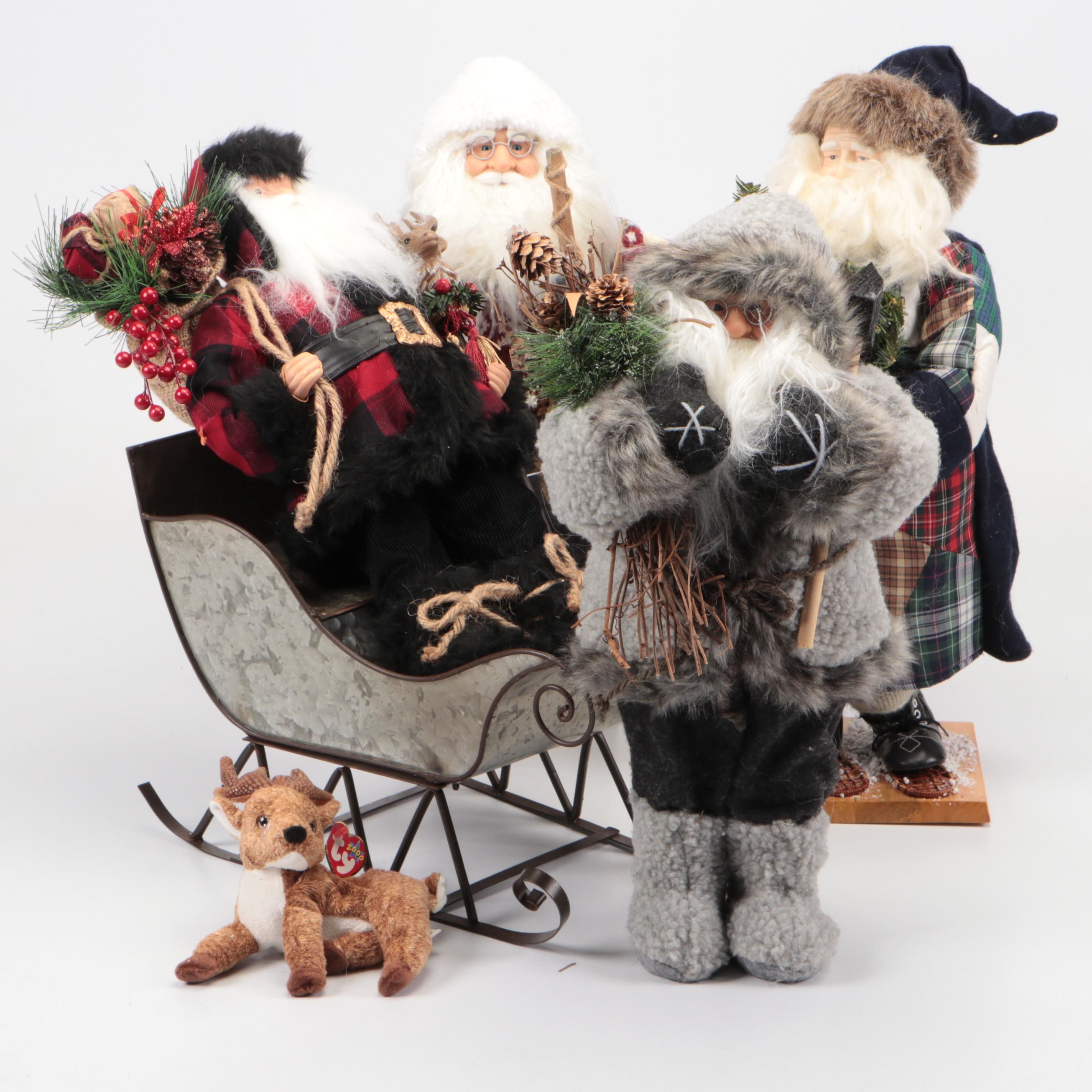 Contemporary Santa Claus Figures and Sleigh with Ty Reindeer Beanie Baby