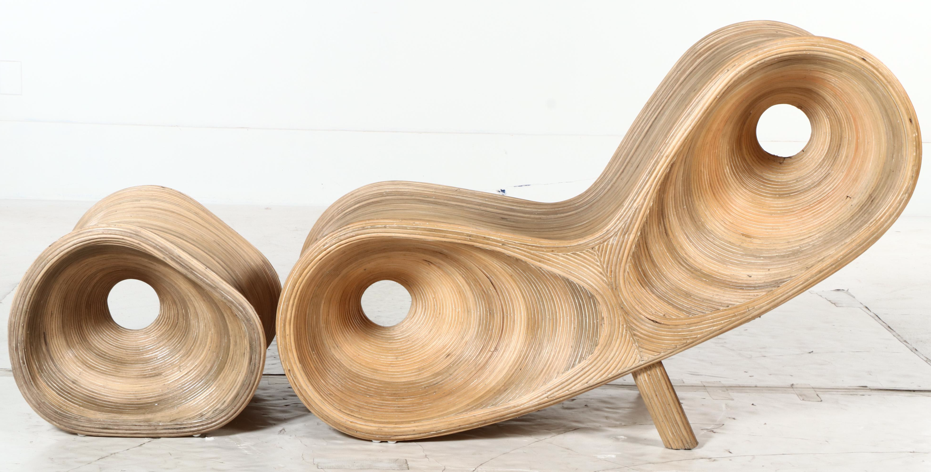 Modern Pencil Reed Sculptural Lounge Chair and Ottoman