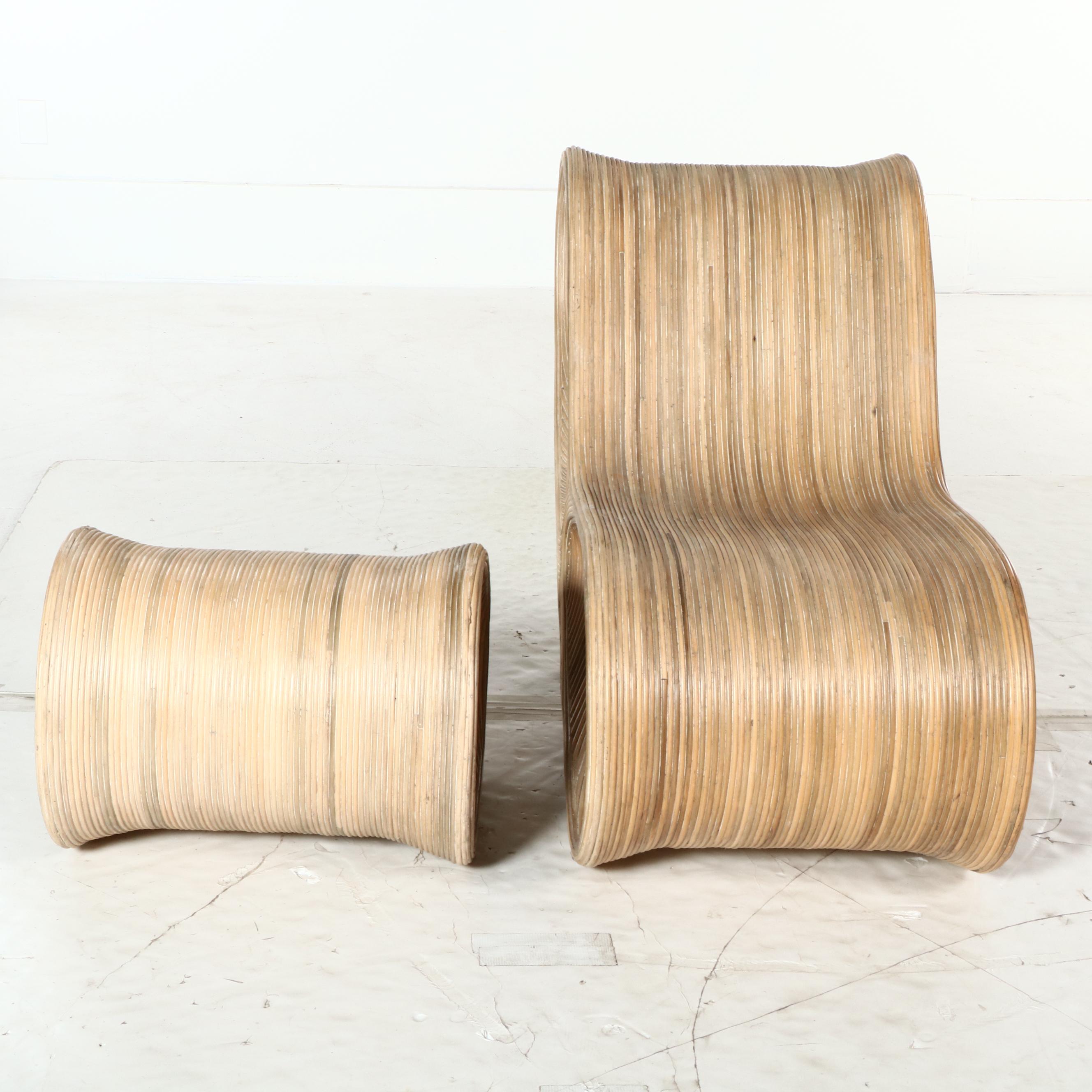 Modern Pencil Reed Sculptural Lounge Chair and Ottoman