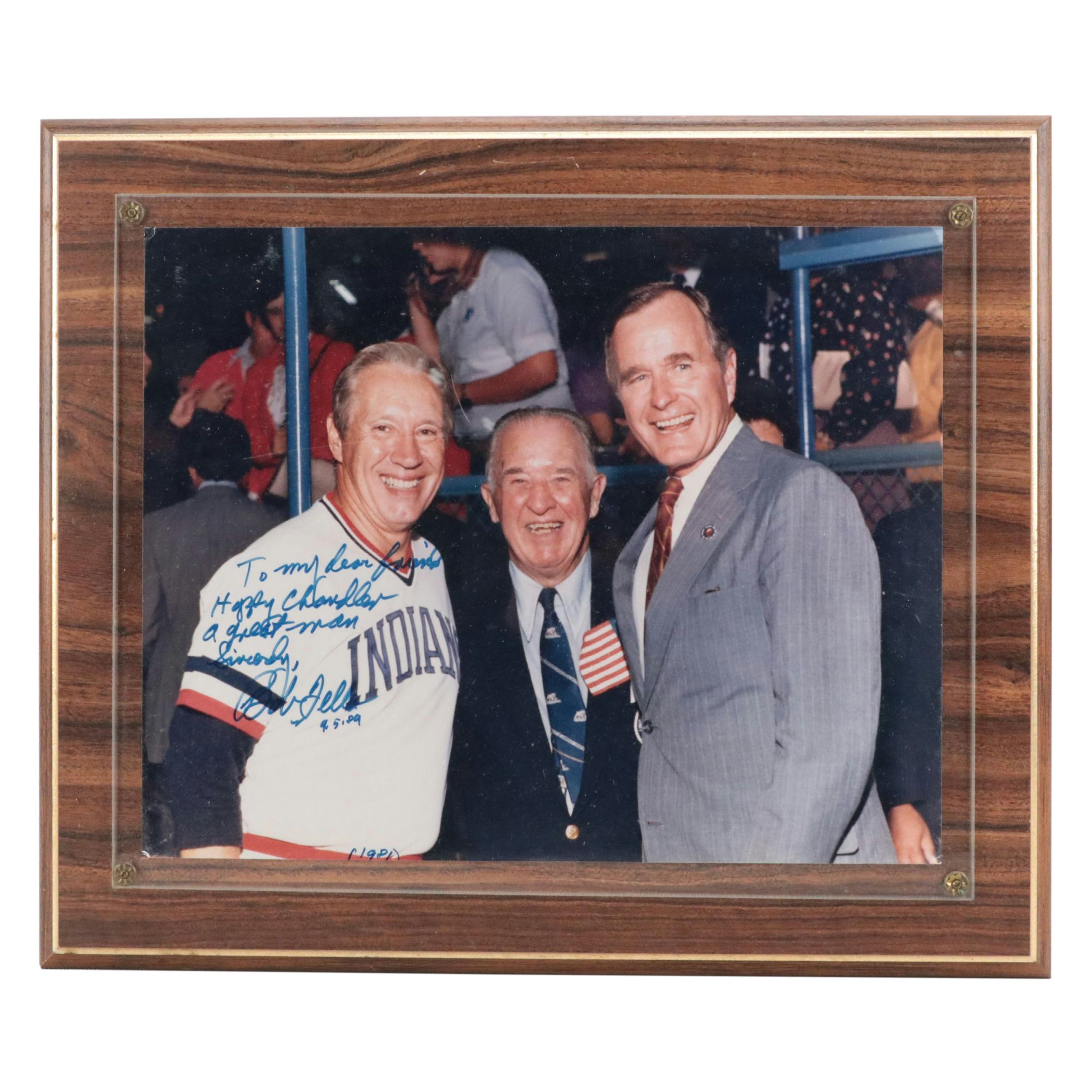 Bob Feller Signed Baseball Print Featuring "Happy" Chandler and George Bush