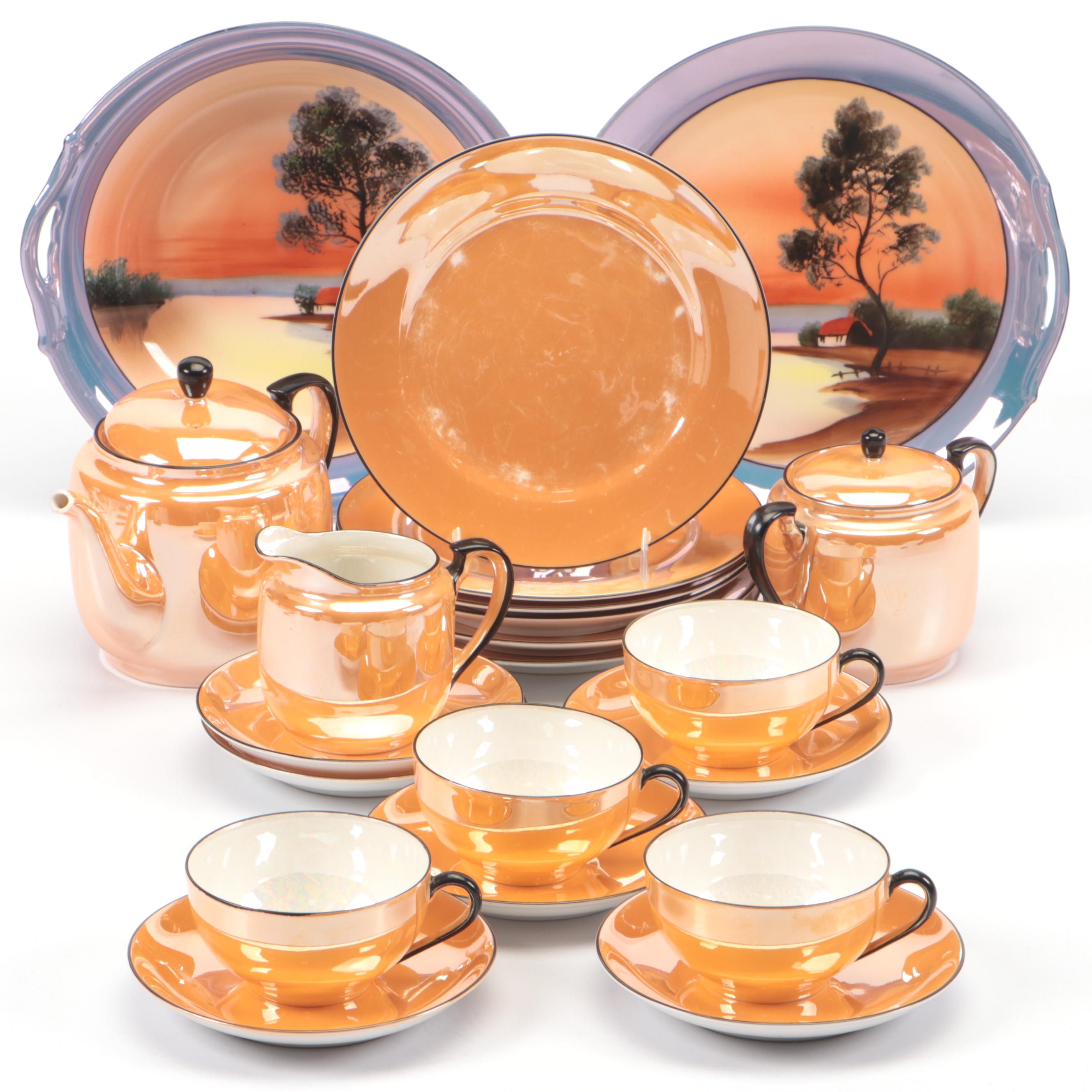 Noritake Orange Lusterware Tea Set and Plates with Serving Platters