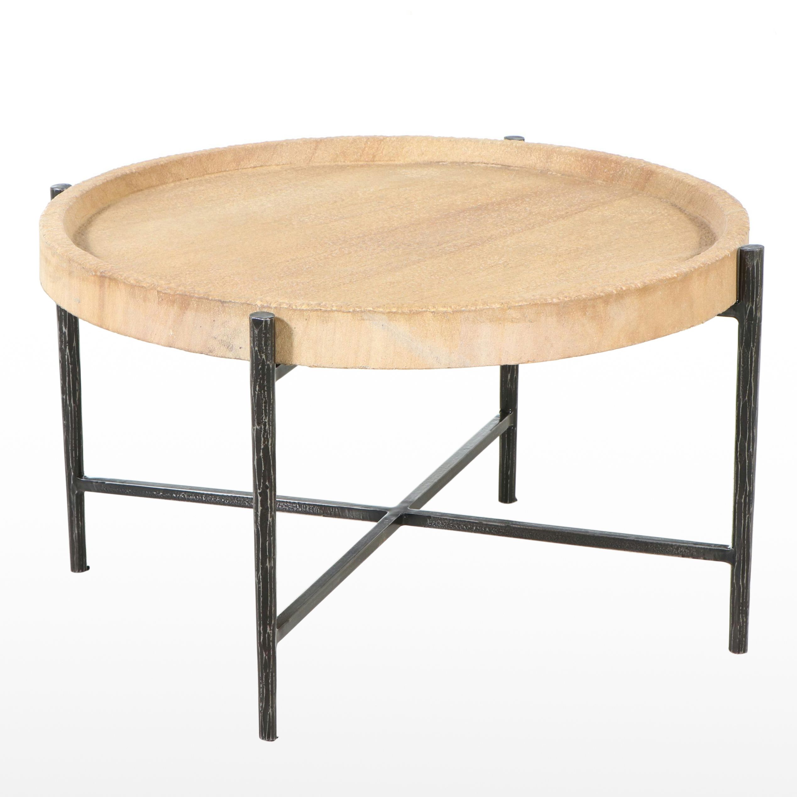 Modern Iron and Carved Stone Coffee Table