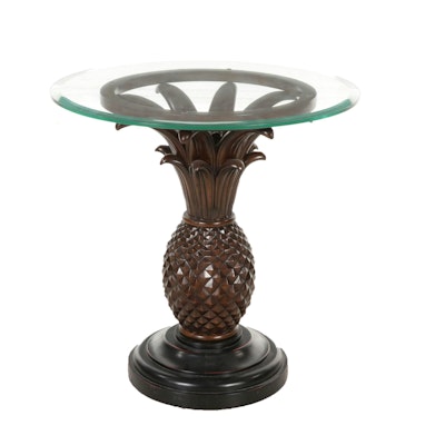 Wooden Pineapple Base Glass Top Side Table