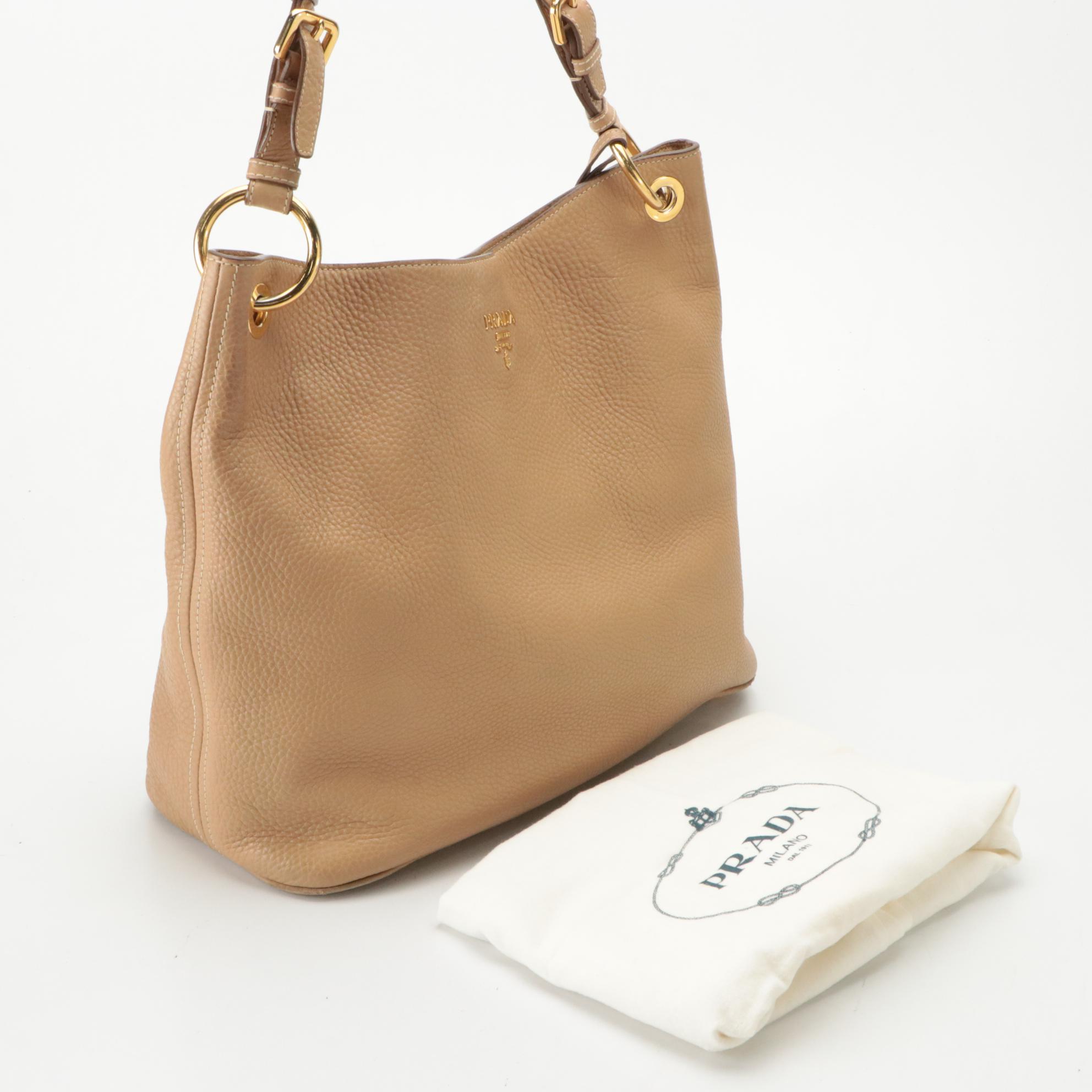 Prada Hobo Shoulder Tote in Tan Grained Leather