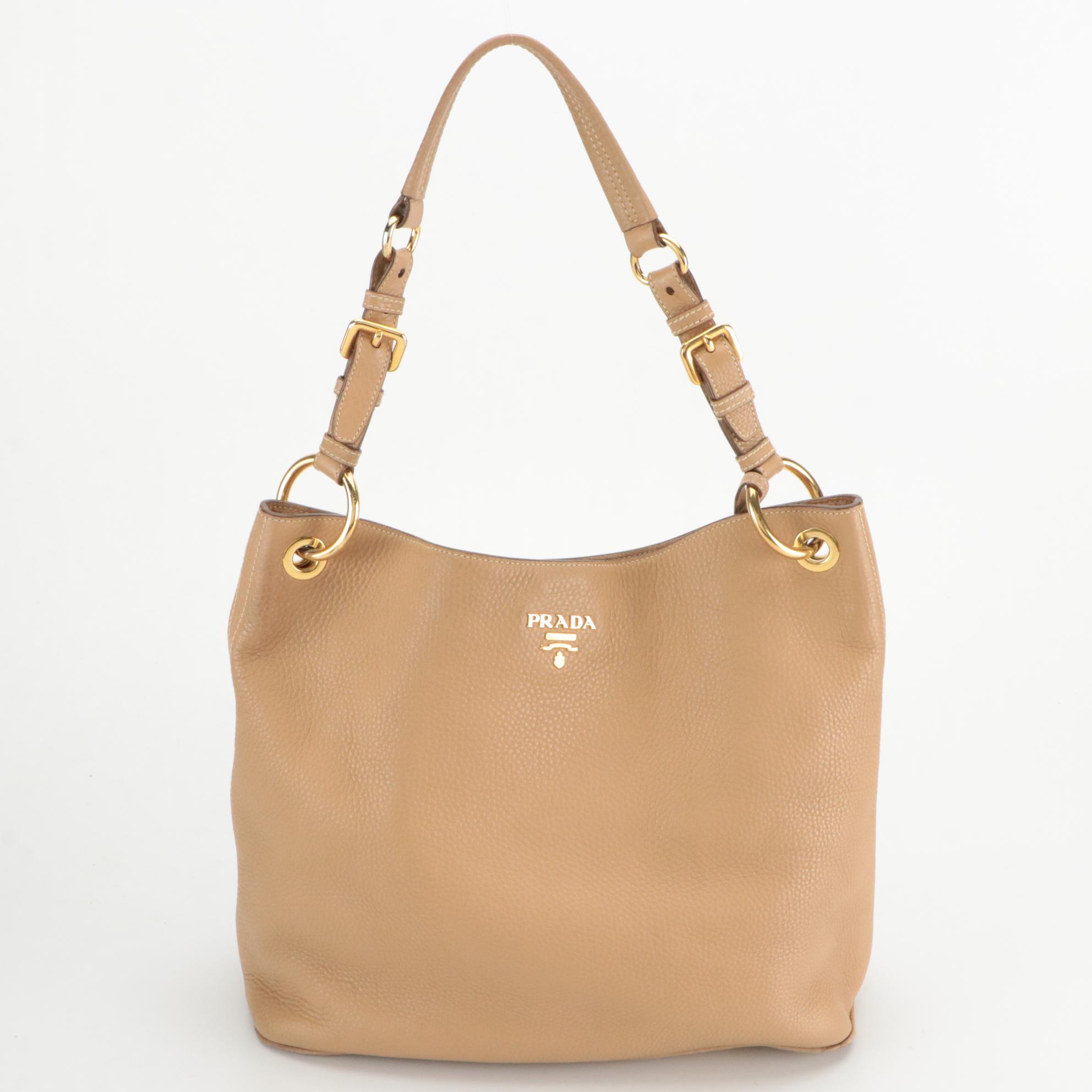 Prada Hobo Shoulder Tote in Tan Grained Leather