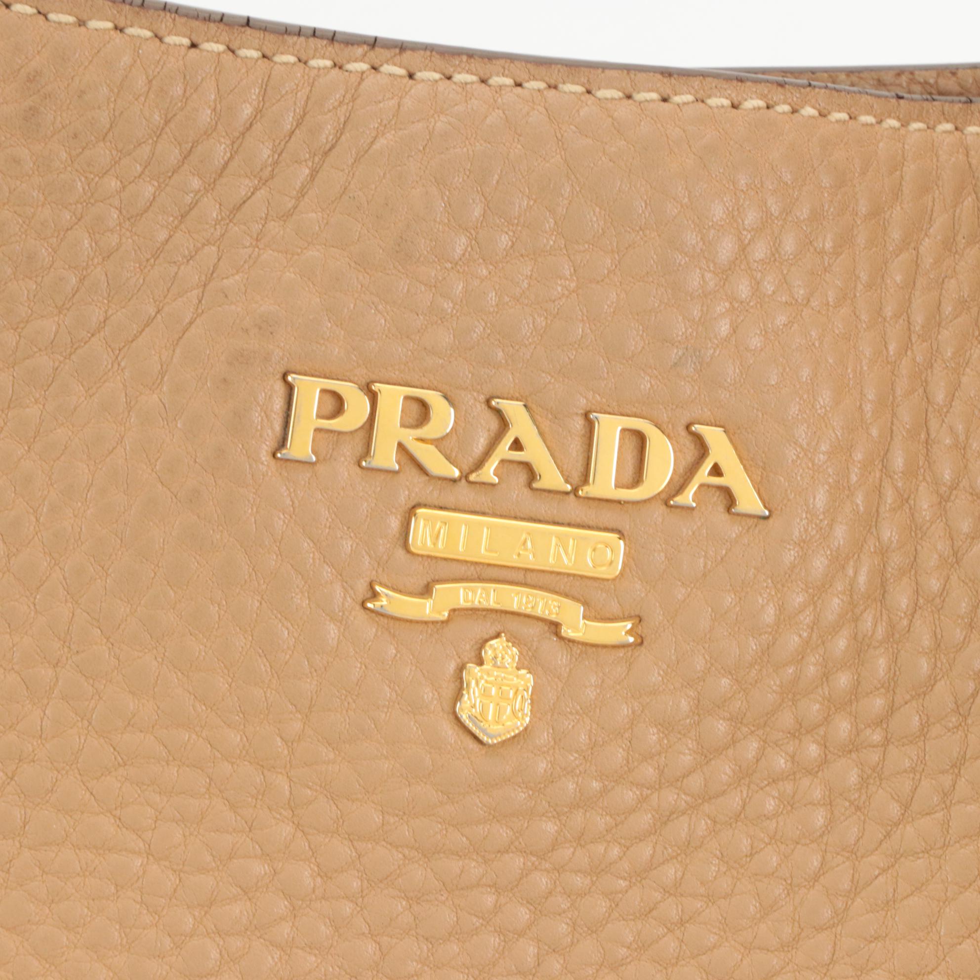 Prada Hobo Shoulder Tote in Tan Grained Leather