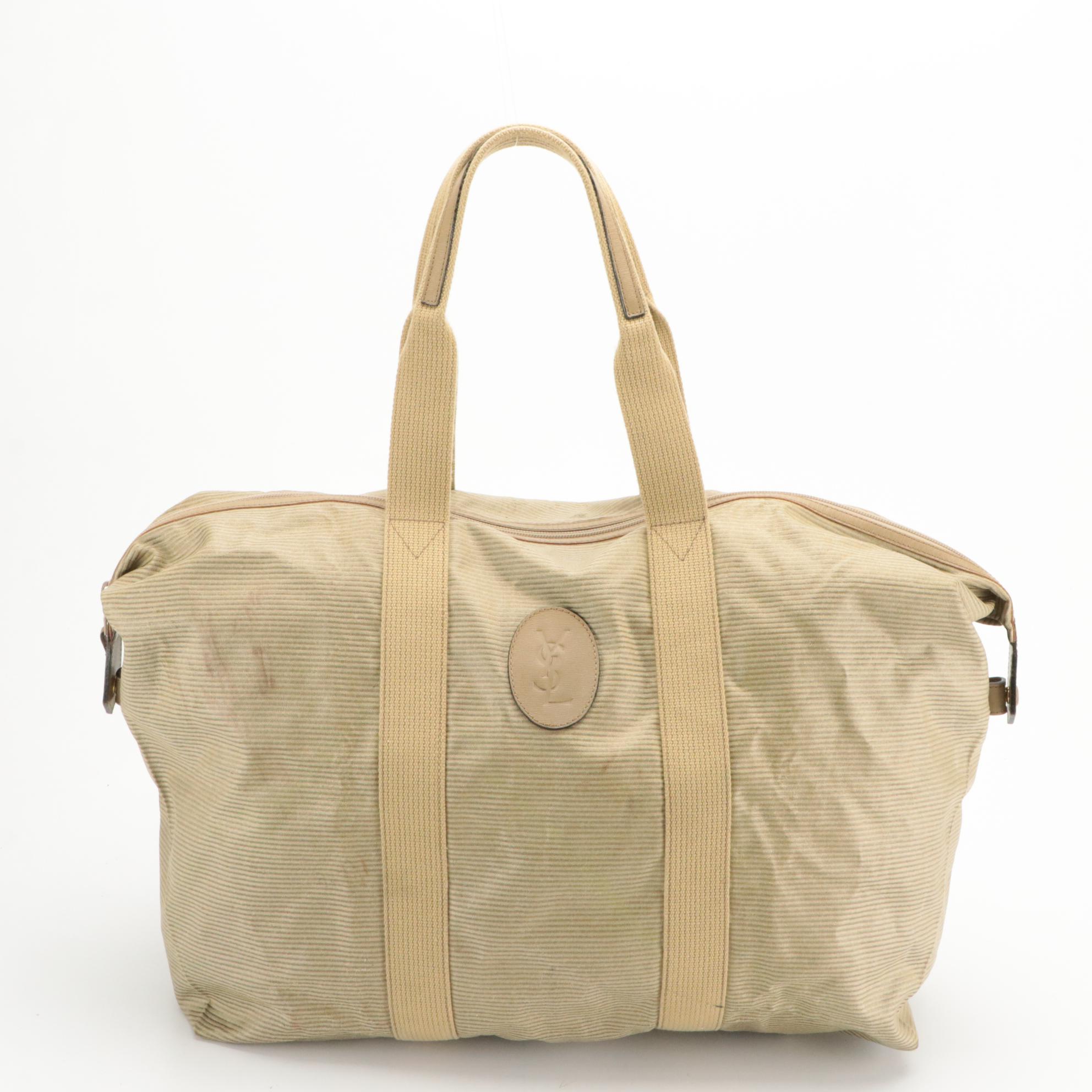 Yves Saint Laurent Beige Ribbed Coated Canvas Duffle Bag Tote