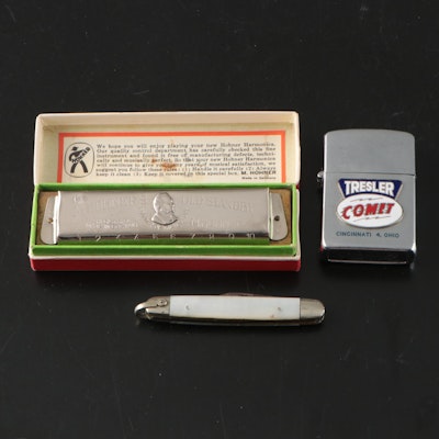 Hohner "Old Standby" Harmonica, Wellington Advertising Lighter and Pocket Knife